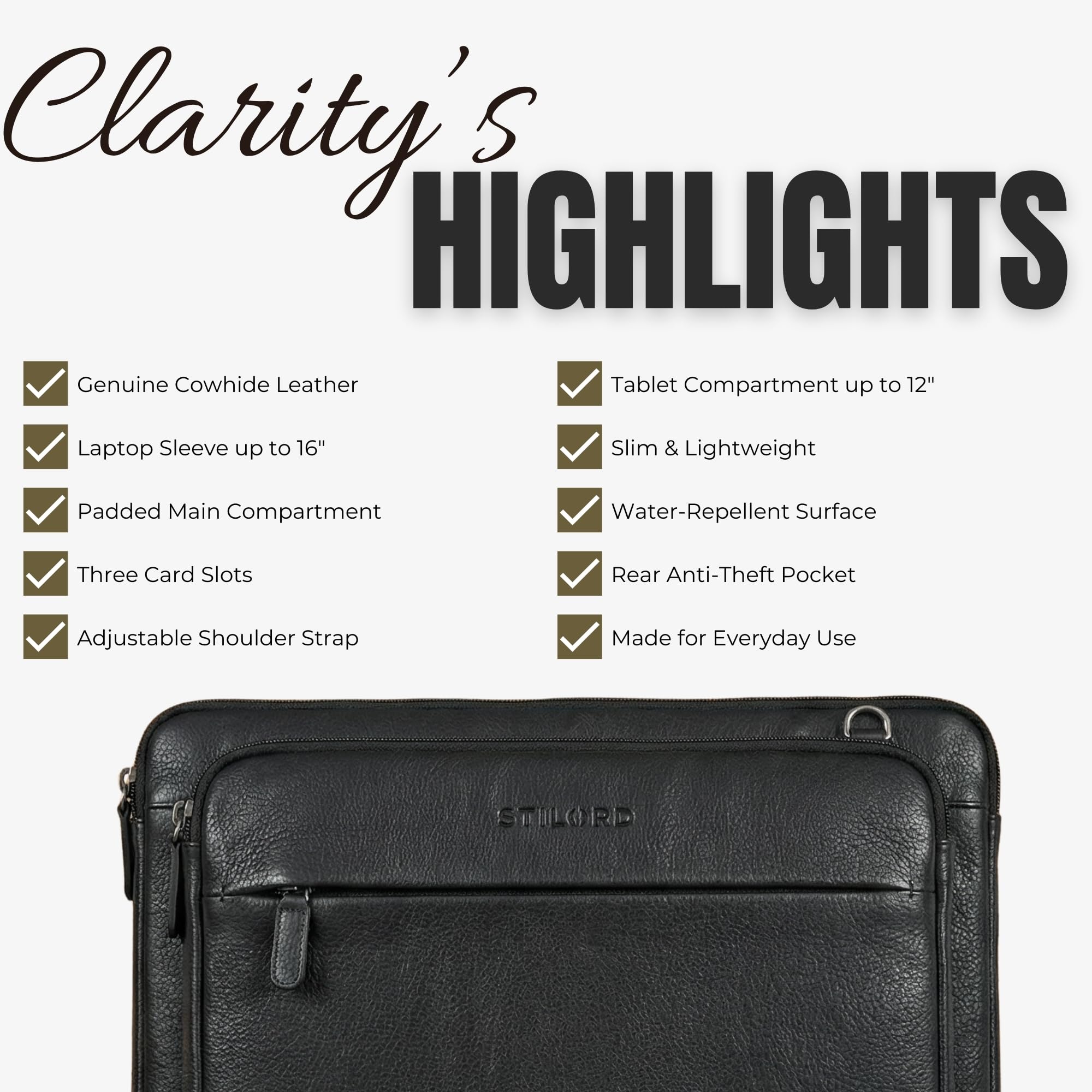 STILORD Clarity Funda para Portátil 15-16 Pulgadas Cuero Maletín Delgado Acolchado Correa Extraíble Bolsa Laptop Piel Negro