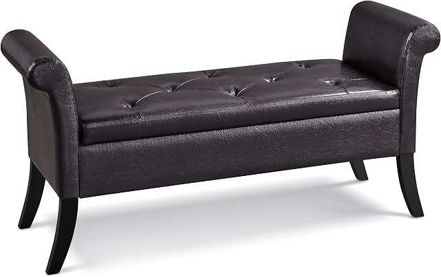 Yaheetech Storage Bench Window Seat Upholstered Ottoman Footstool Arm Bench PU Leather Storage Box Seat 2 Seater Rolled Armrest Chest Bench