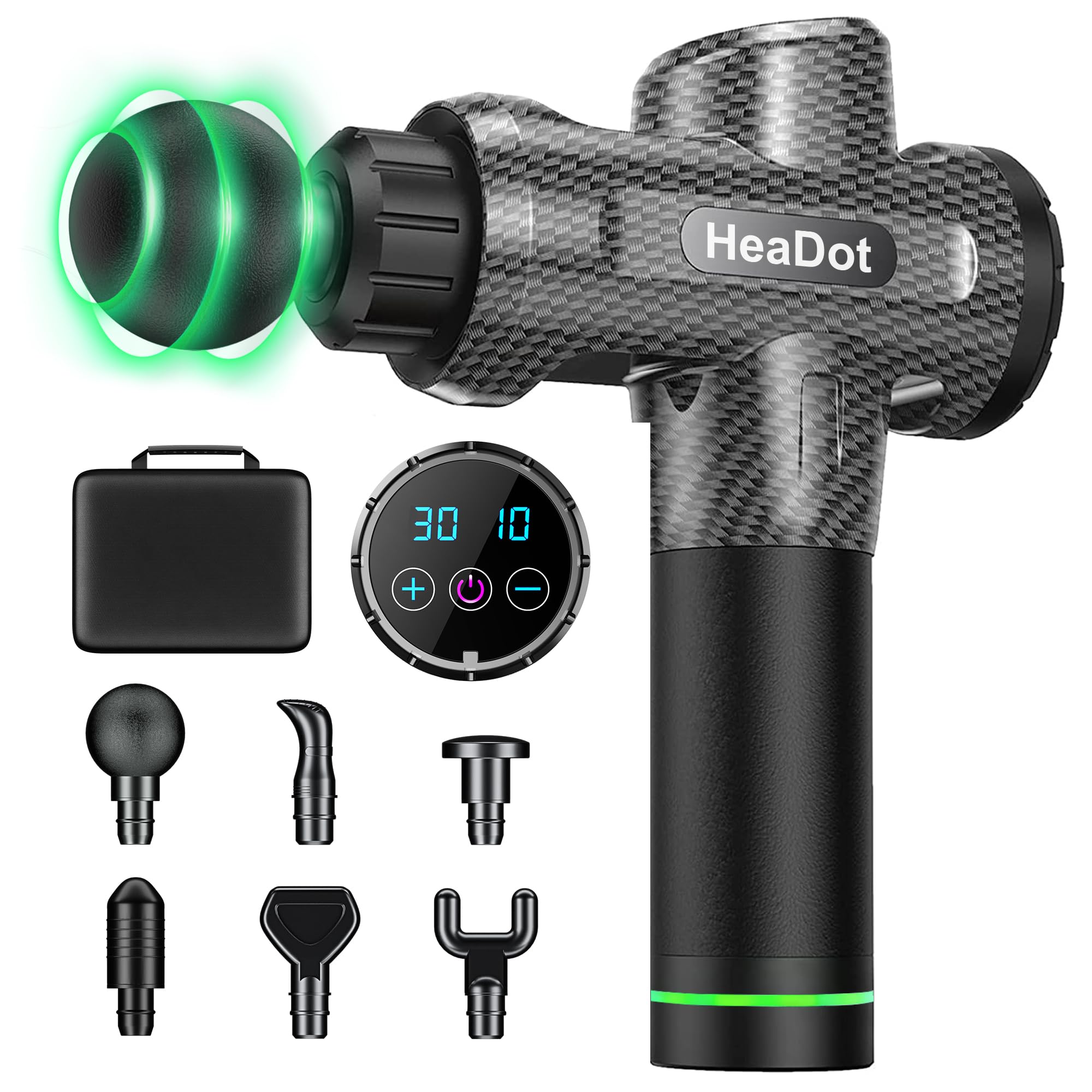 HeaDot Pistola de Masaje Muscular y Masajeador Muscular, Masajeador Cervical y Espalda con 6 Cabezales de Masaje, Massage Gun para Aliviar el Dolor, 30 Velocidades, 3300RPM, Bolsa de Transporte
