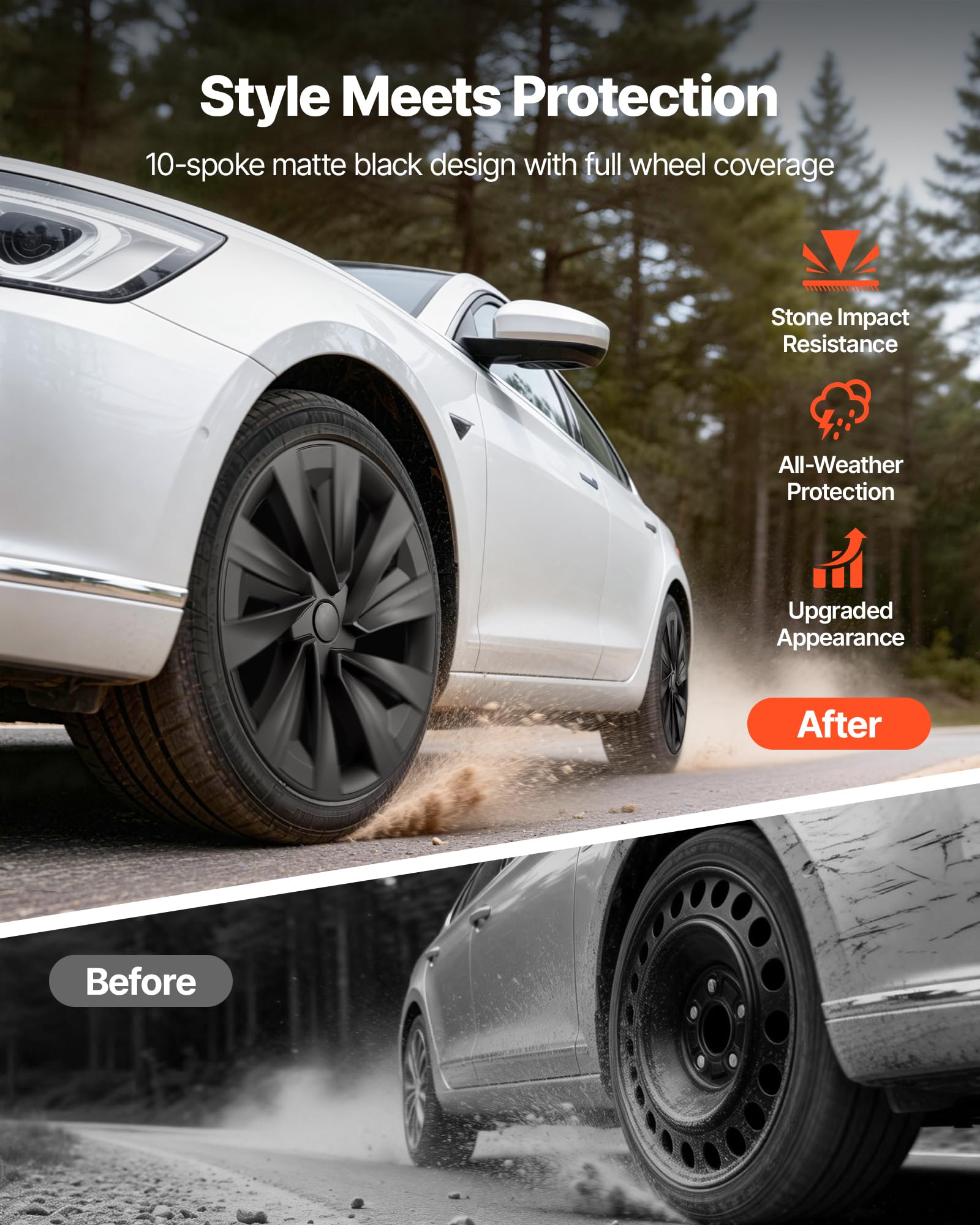 VEVOR 4 x kołpaki do Tesla Model Y 2025, kołpaki ozdobne 19 cali z tworzywa sztucznego ABS, zestaw 4 szt. z 10 szprychami i konstrukcją montażową Snap-On, osłony kół R19 do dekoracji i ochrony przed