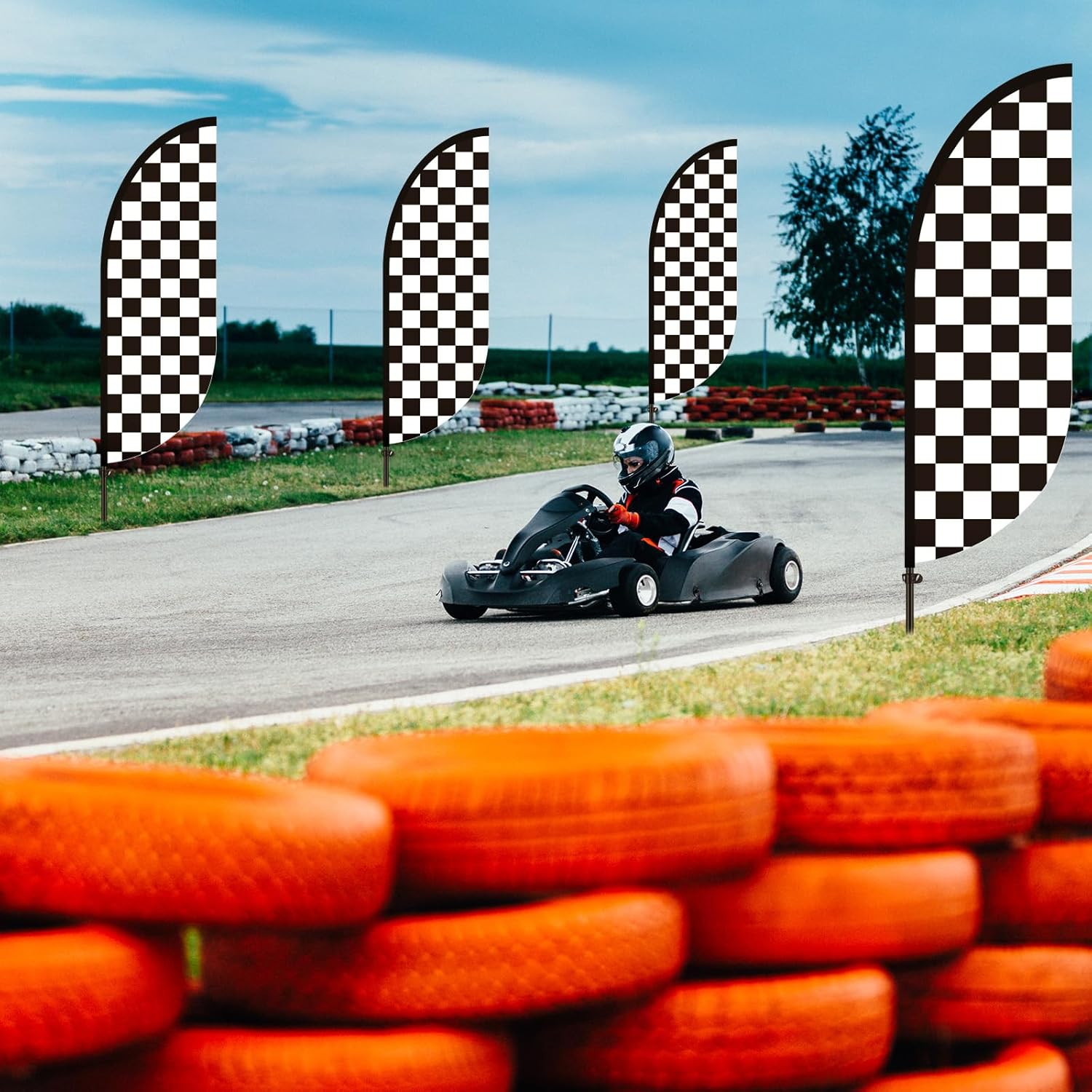 2 Sets 7 ft Checkered Flags Banner Black and White Swooper Flag with Pole Kit Race Car Theme Party Decoration Windless Checkered Feather for Racing Birthday Party Supplies - Image 6