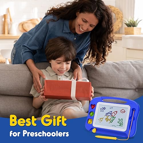 Vista 24 de SGILE - Pizarra magnética para dibujar grande de 4 colores y con 4 sellos, juguete para aprendizaje, regalo para niños mayores de 36 meses, 16 x 13