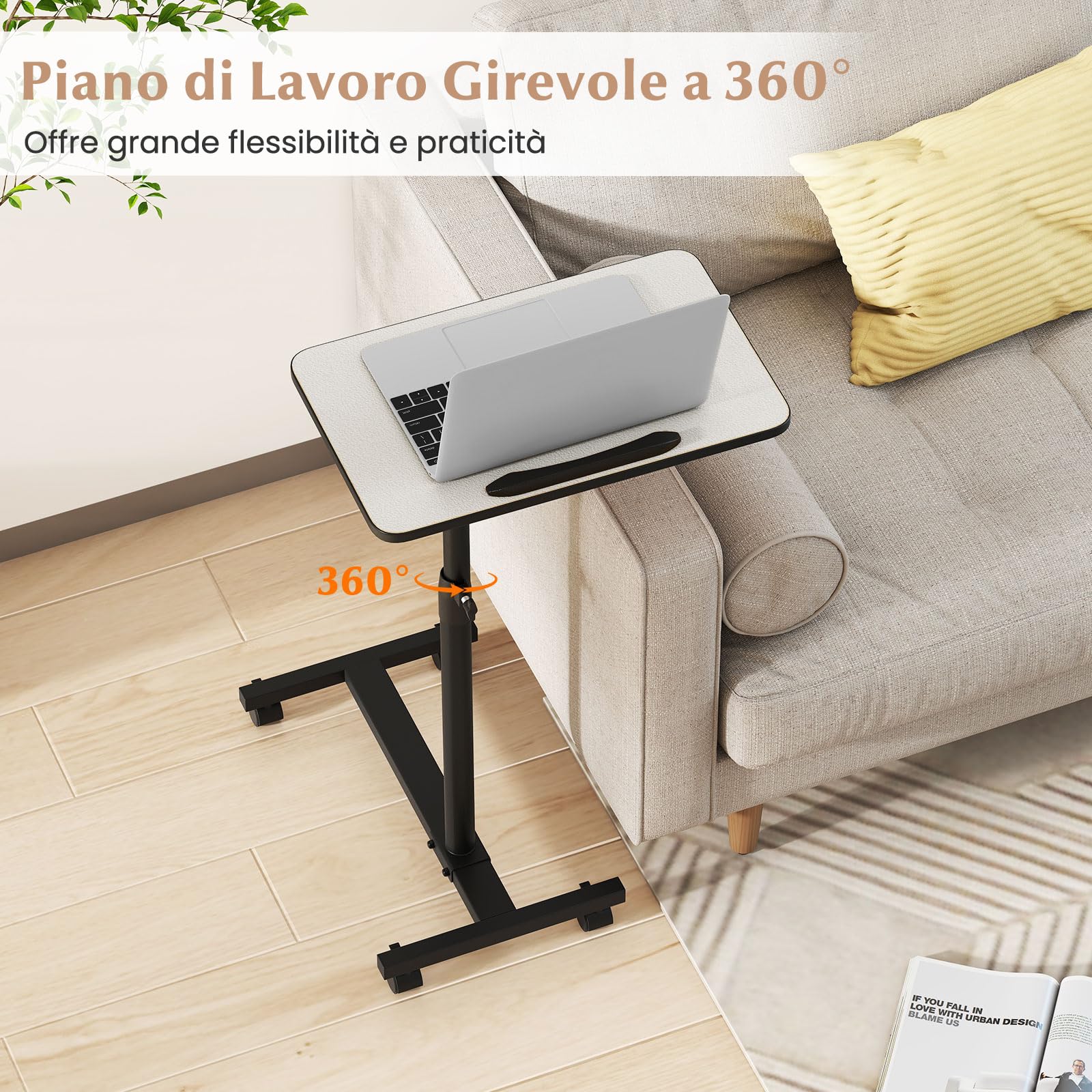 COSTWAY Tavolino Servitore con Altezza Regolabile, Ruote Bloccabili, Piano Girevole a 360° e Inclinabile con Fermo Bordo, Tavolino a Forma di C per Soggiorno, Camera da Letto e Studio (Grigio)