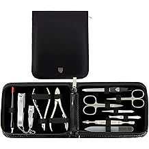 3 Swords Germany - brand quality 12 piece manicure pedicure grooming kit set for professional finger &amp; toe nail care with black synthetic leather case - Made in Germany