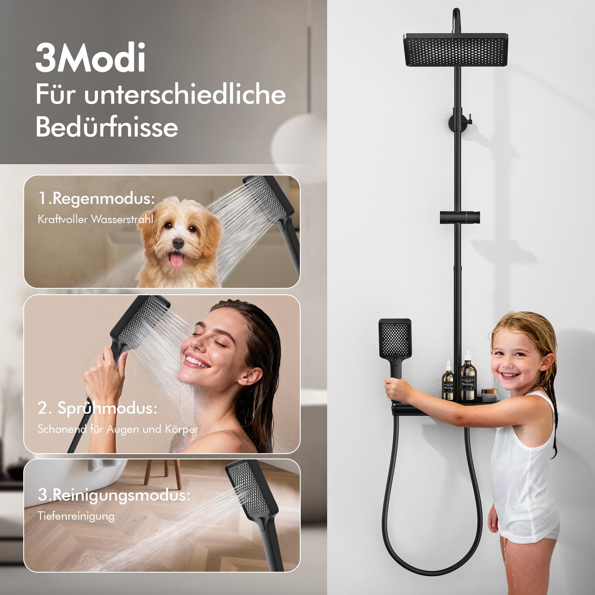 HOMELODY Duschsystem mit Thermostat und Glasablage Schwarz - 30x20cm Groß Kopfbrause Regendusche und 3 Strahlarten Handbrause, 2 Klavierknöpfen Duscharmatur Komplettset, Duschgarnitur mit Regendusche