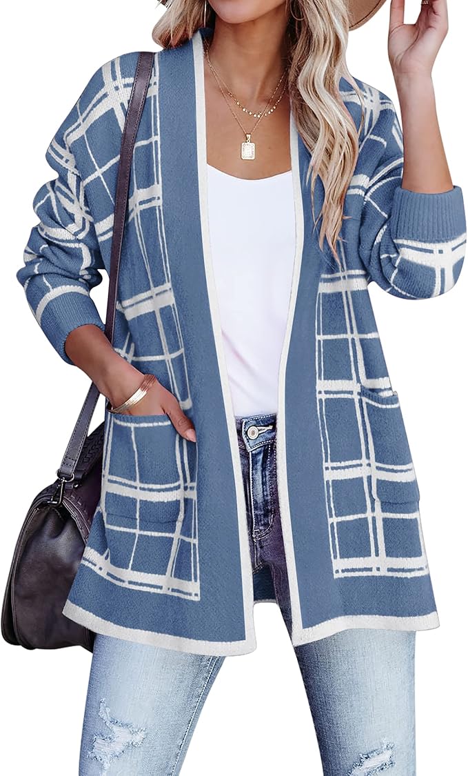 ZESICA Women's 2023 Fall Long Sleeve Striped Color Block Open Front Draped Loose Knit Lightweight Cardigan Sweater Coat