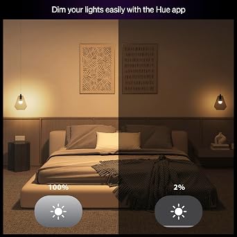 Philips Hue Essential Smart LED A19 Bulb 4-Pack, White and Color Ambiance, E26, 7.2W, 2200K-6500K, 800 Lumens, Dimmable LED Bulbs, Works with Alexa, Google Assistant, Apple Home