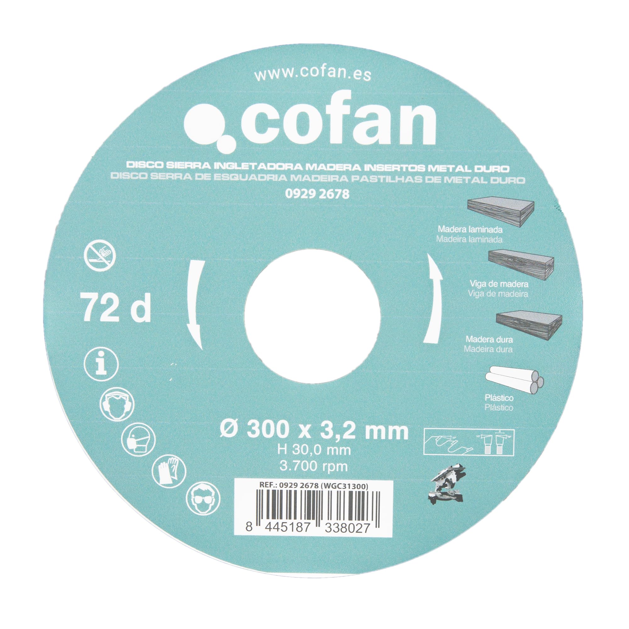 Cofan Hoja de Sierra Ingletadora 72 Dientes 300x30mm 3.2mm Metal Duro