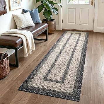 DEXI Woven Hallway Runner Rug, 2x7 Rustic Braided Vintage Carpets, Non Slip Indoor Outdoor Farmhouse Floor Rugs for Entryway, Kitchen, Laundry Room, Black/Ivory
