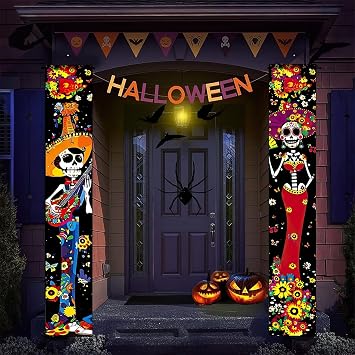 BlissYard Dia de los Muertos Door Cover Banner 1170 Inch Dia de los Muertos Banner Sugar Skull Day of the Dead Decorations Halloween Skeleton Door Banner Halloween Porch Sign for Front
