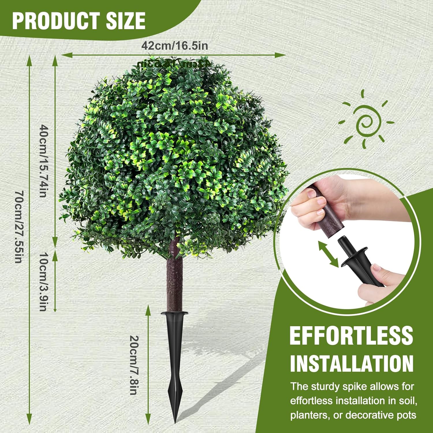 28" Artificial Boxwood Topiary Ball Tree with Ground Spike, Set of 2 Artificial Shrub Bushes, Fake Evergreen Tree for Porch, Artificial Plants Fake Boxwood Plants for Outdoor Indoor Front Door Decor - Image 6