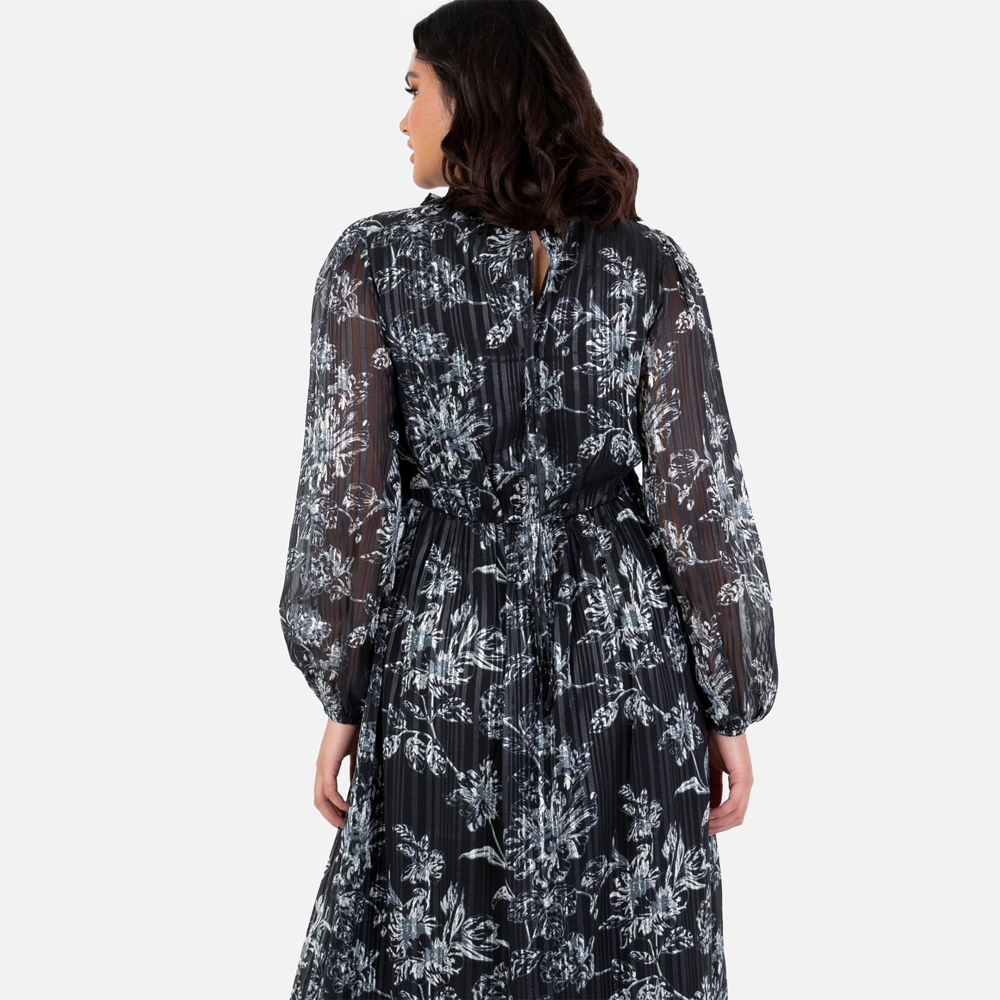 Lovedrobe Damen Women's Maxi Dress Ladies V-Neck Long Balloon Sleeve Floral Print Ruffle Frill Keyhole Back A-line Evening Occasion Dress (1er Pack)