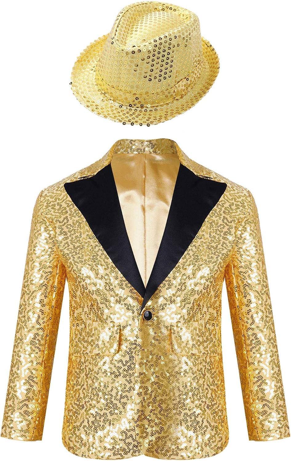 Kids Boys Sequin Jacket Suit Blazer Prom Tuxedo Wedding Dinner Party Tuxedo and Hat