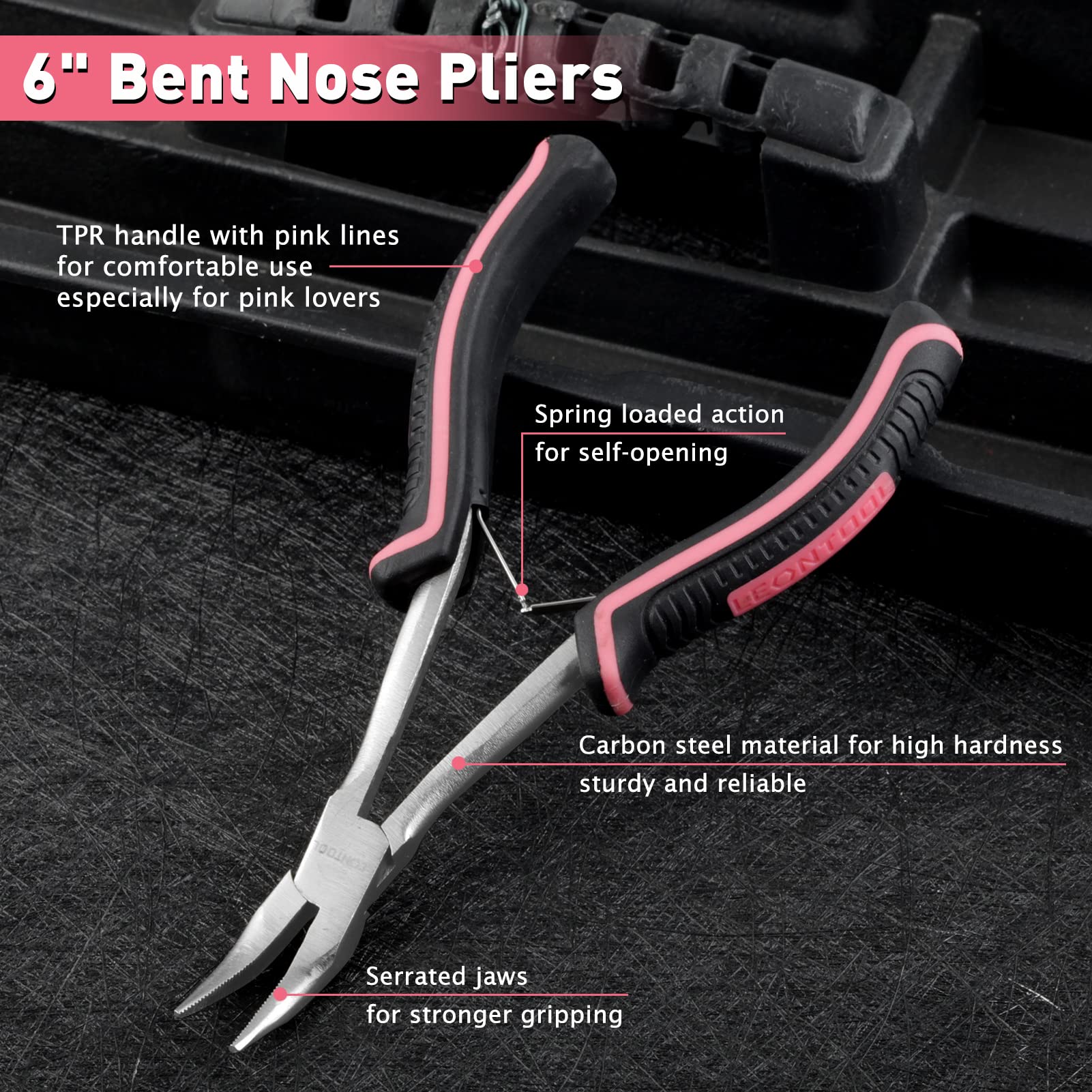 LEONTOOL Long Reach Bent Nose Pliers with Serrated Jaw - 6 Inch Mini, Pink Tool for Women Jewelry Making and Tight Spaces - Image 2
