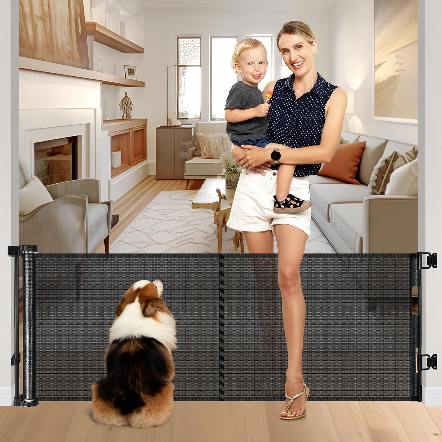 reinforced 28 inch tall retractable dog gate small baby gate - easy step over dog gate short pet gate with support rods, 55" wide retractable baby gate for stairs, puppy gates for doorways, black