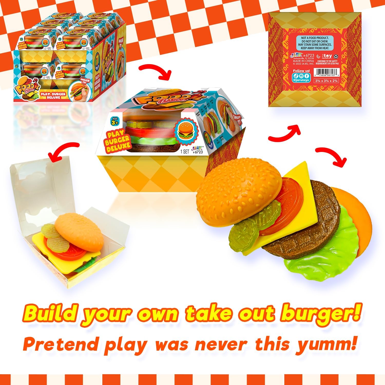 JA-RU Foodie Fusion Play Burger Deluxe Squishy Toy (1 Pack) Smushy Make Your own Patty. Squish Grilled Food Toys for Kids, Teen, & Adult. Stretchy Therapy Stress Relief Fidget Party Favor. 6723-1