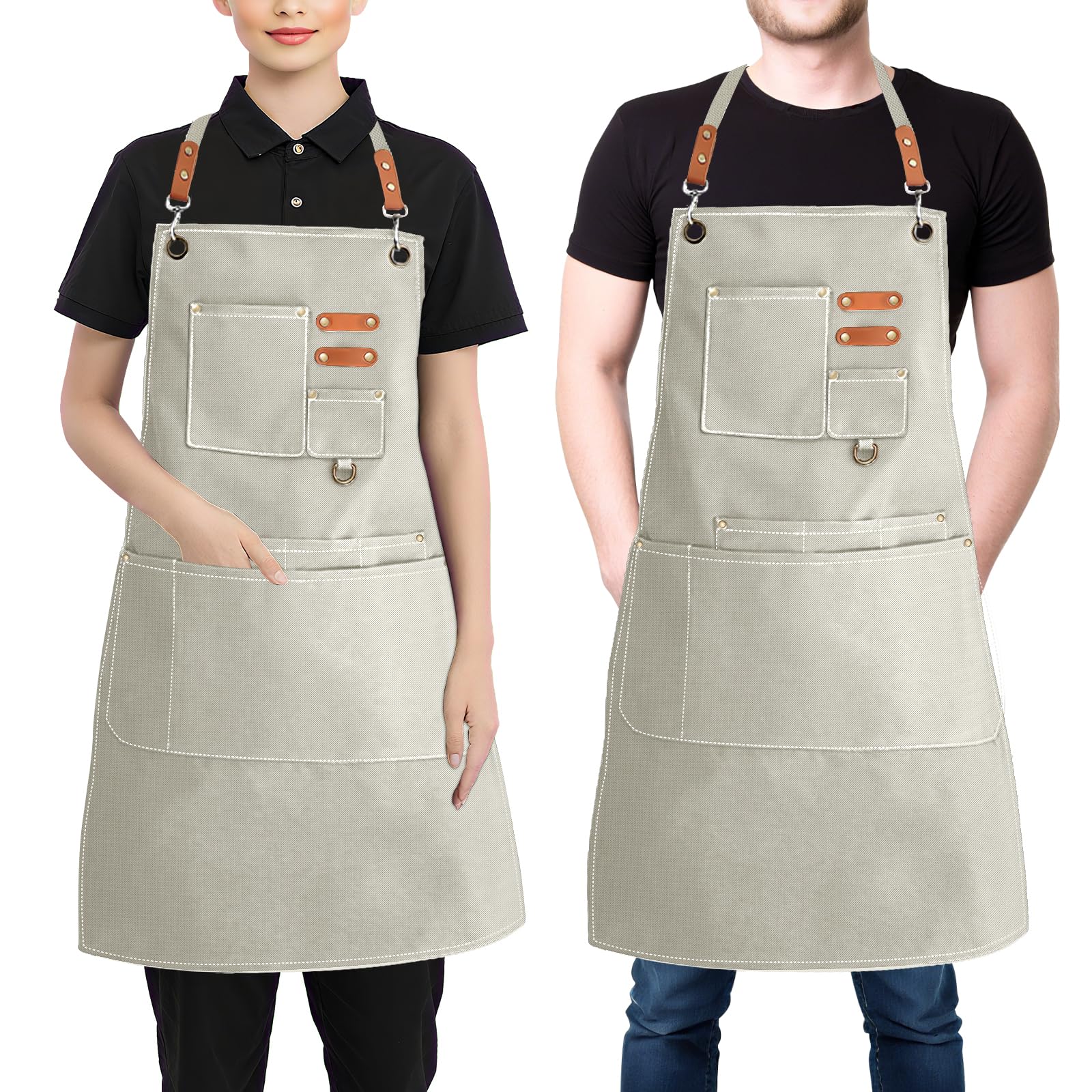 Aprons for Women Men, Cotton Canvas Chef Apron with Adjustable Strap & Large Pockets, Cross Back Work Aprons for Kitchen Cooking, Baking, Gardening, Painting, Artist, One Size Fits All (Beige)