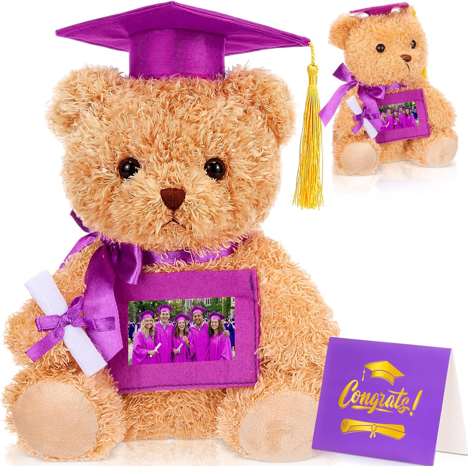 Soulchen 7 Inches Graduation Teddy Bear 2026 Bachelors Gown Plush Bear with Picture Frame Congrats Card Graduate Stuffed Animal Gifts Set for College Grad Preschool Kindergarten(Purple)
