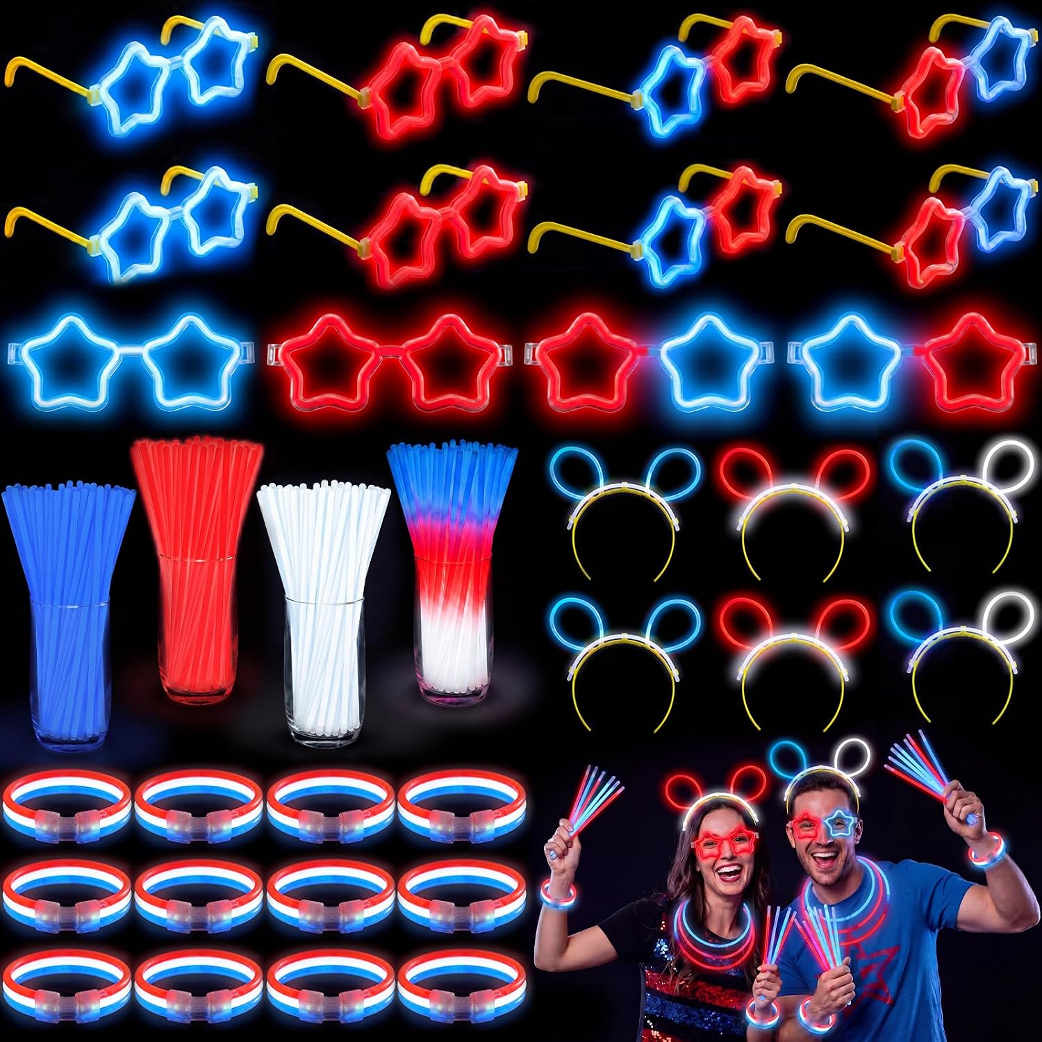 Hungdao 230 Pcs 4th of July Glow Sticks Bulk 250th Anniversary Patriotic Light up Party Favor DIY Red White Blue Star Glasses Headbands Bracelets with Connectors Glow Sticks for Independence Day USA