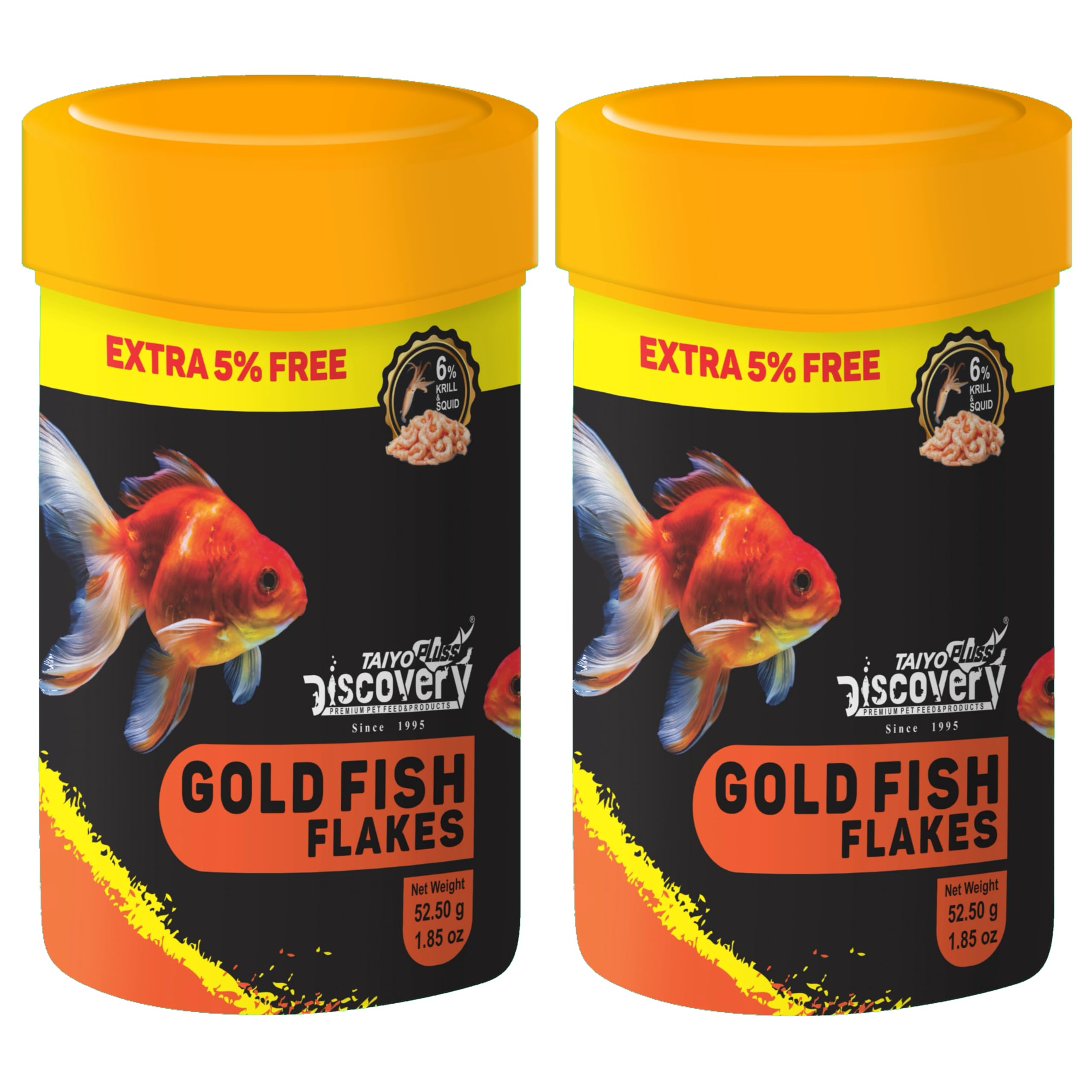 Taiyo Pluss Discovery Goldfish Flakes Fish Food - 52.5 G (50 g + Extra 5% Free) (Pack of 2) | Premium Slow Sinking Diet for Fishes with Krill & Squid for Active Growth & Coloration,Adult