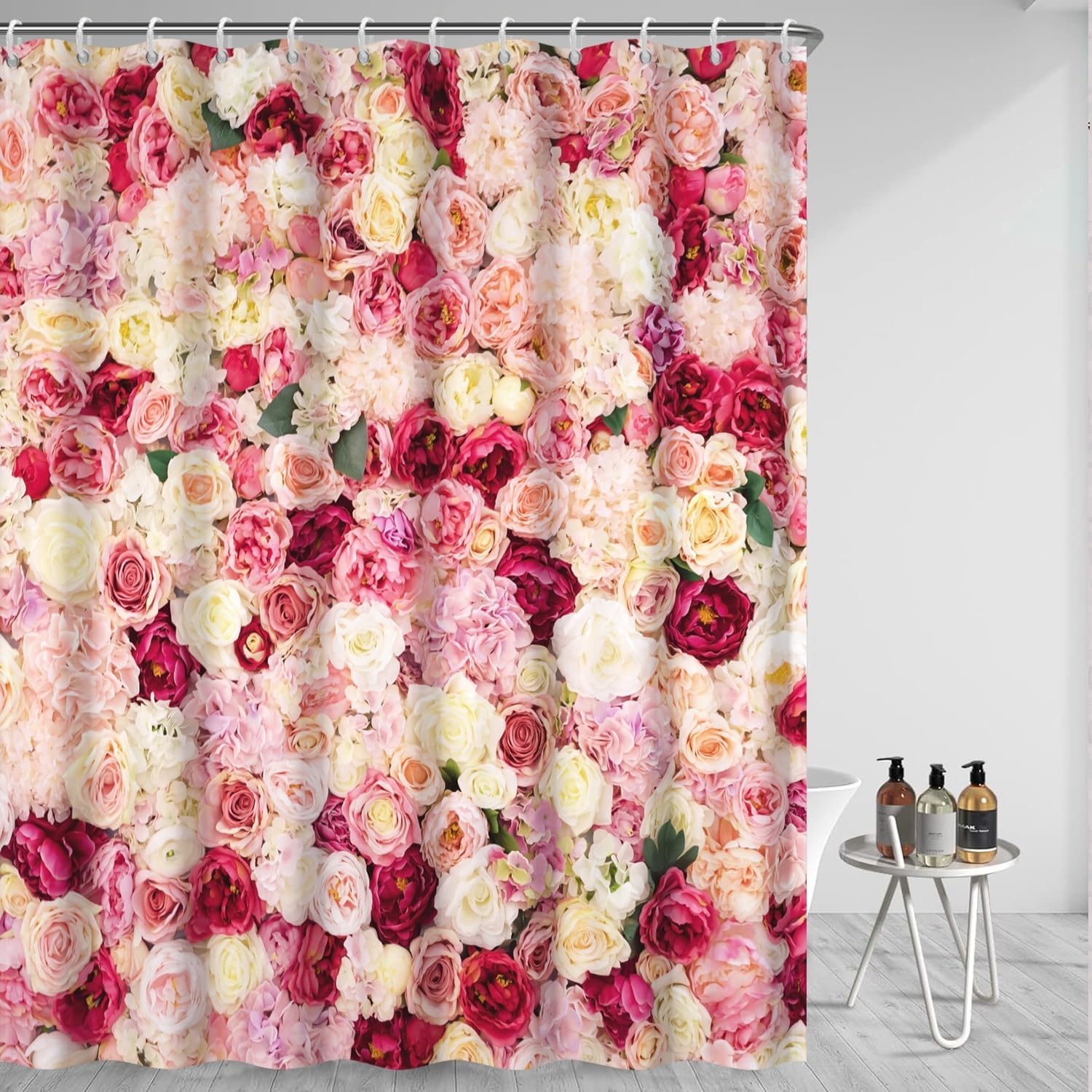 OERJU Floral Shower Curtain Red Pink Colorful Rose Flowers Vivid Bright Spring Beautiful Women Bath Curtain Waterproof Fabric Girly Bathroom Decor Romantic Shower Curtain Set with Hooks 72x84inch