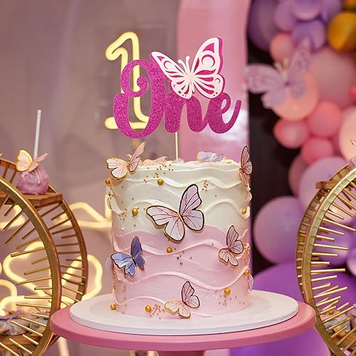 Miniatura 7 de Gyufise 1 decoración de mariposa para pastel con purpurina roja rosa para baby shower, 1er cumpleaños, decoración para fiesta de cumpleaños de 1er