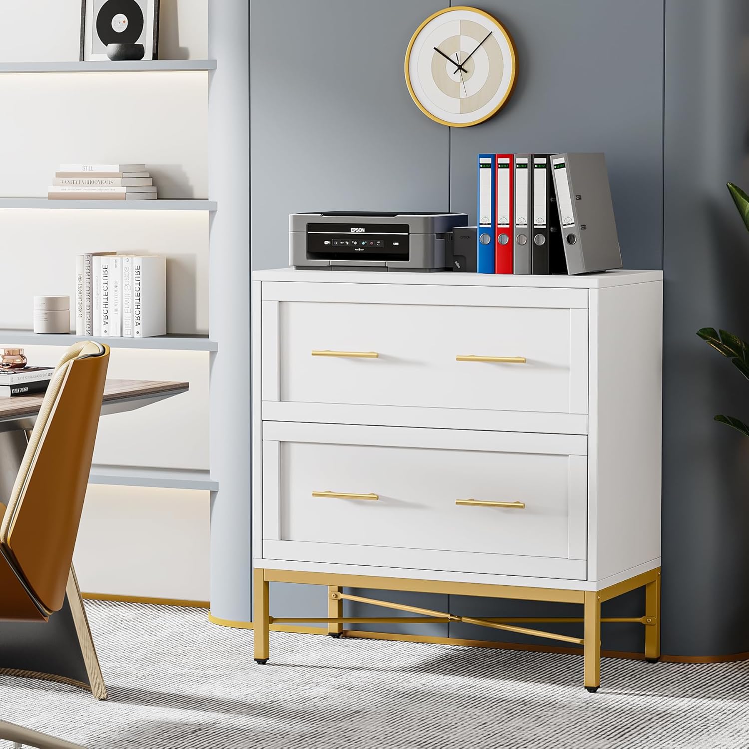 Tribesigns Modern White 2 Drawer File Cabinet, Lateral Filing Cabinet for Letter/Legal/A4 Size, Wood File Storage Cabinets Printer Stand with Storage for Home, Office, White and Gold
