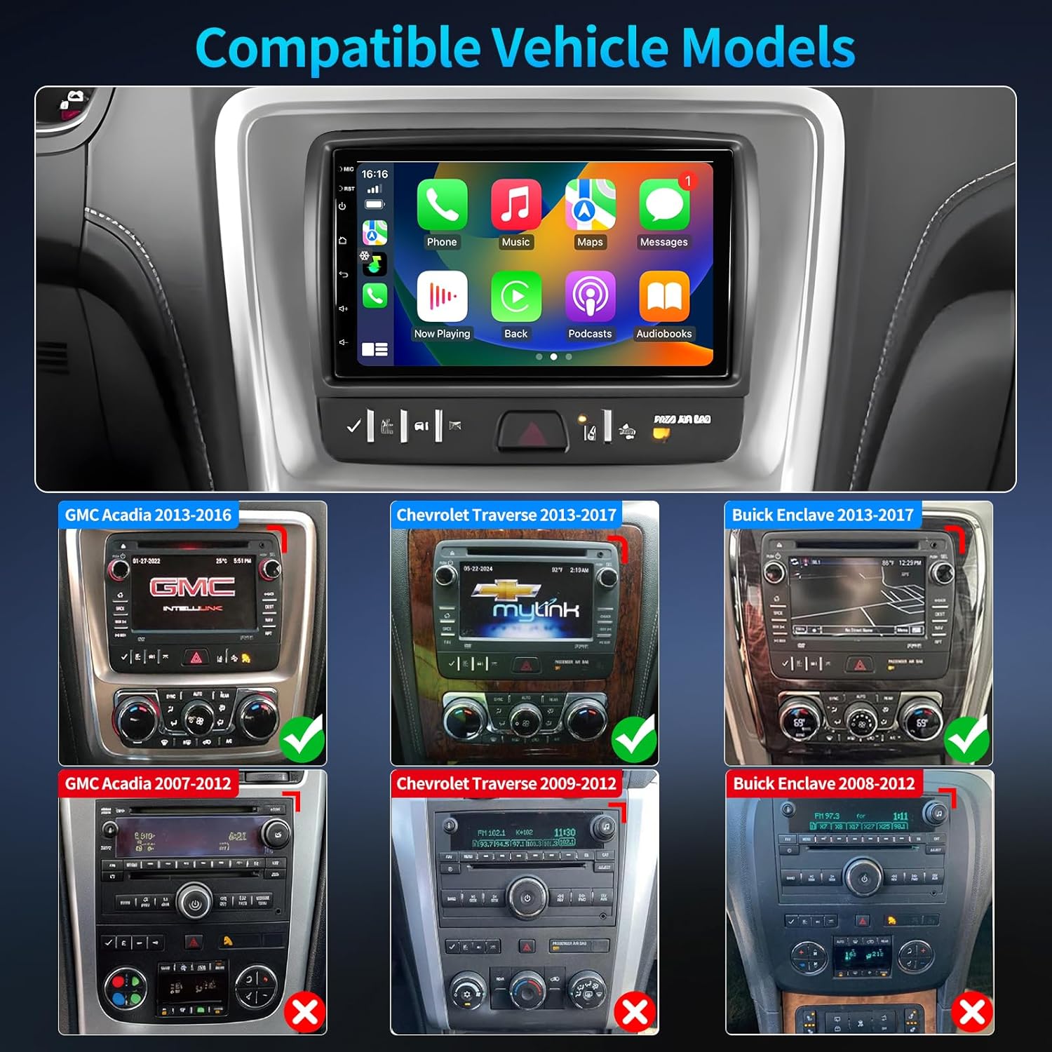 4Core+64G Car Radio for Chevrolet Traverse 2013-2017 GMC Acadia 2013-2016 Chevrolet Buick Enclave 2013-2017 CarPlay Android Auto 7 Inch Touch Screen with GPS Navigation WiFi FM Backup Camera