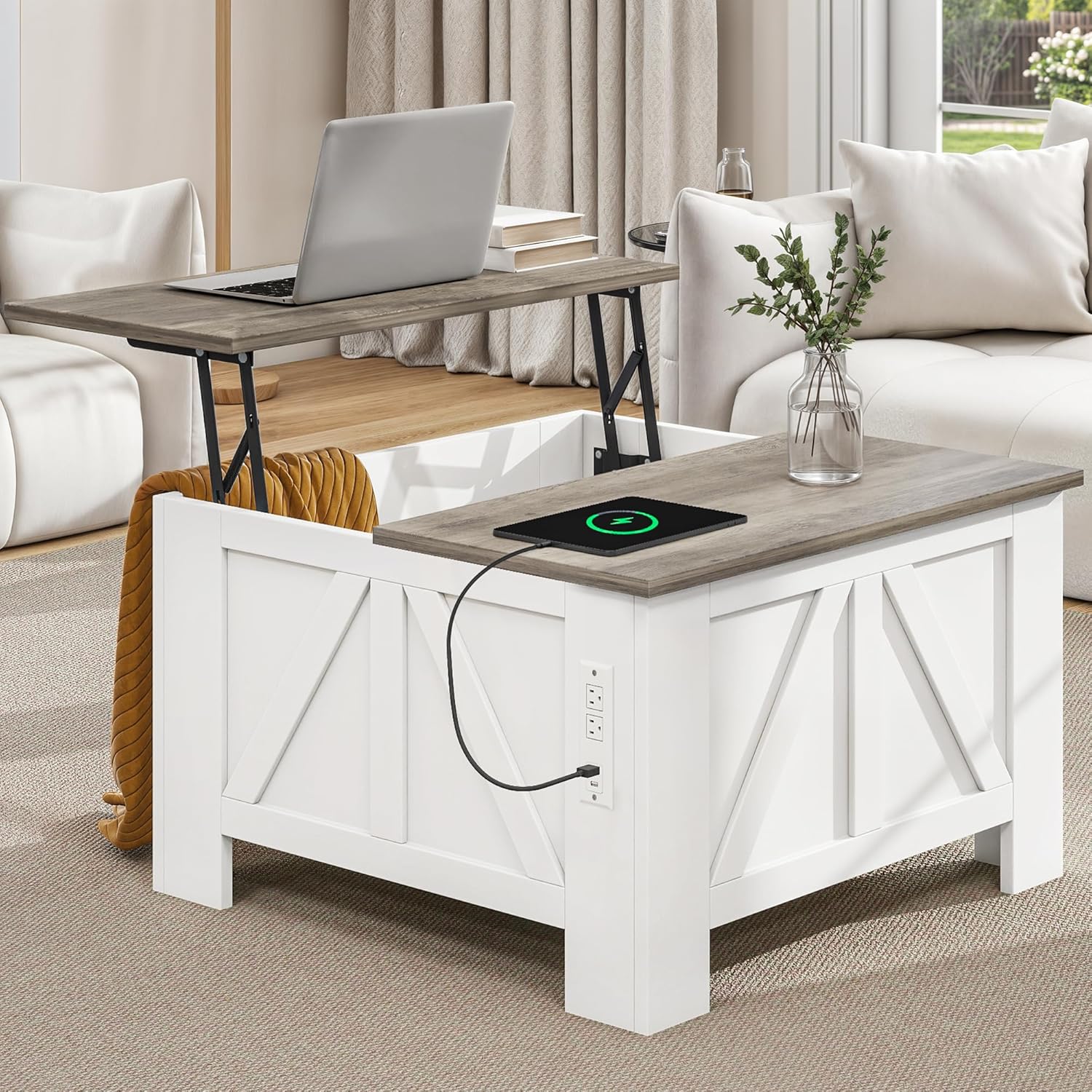 YITAHOME Farmhouse Lift Top Coffee Table with Storage, Wood Square Center Table with Charging Station & USB Ports and Hidden Compartment Coffee Tables for Living Room Bedroom, Home Office, White