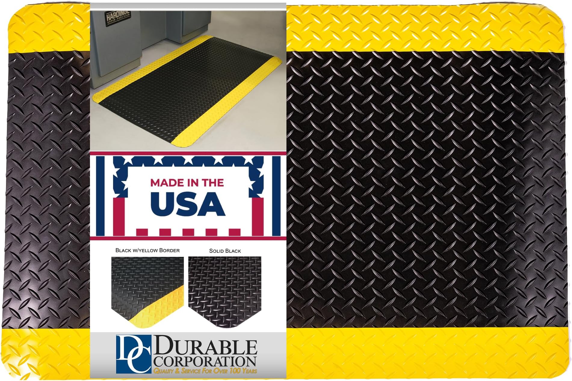 Durable Corporation-442S35BKY Vinyl Diamond-Dek Sponge Industrial Anti-Fgue Floor Mat, 3' x 5', Black with Yellow Border