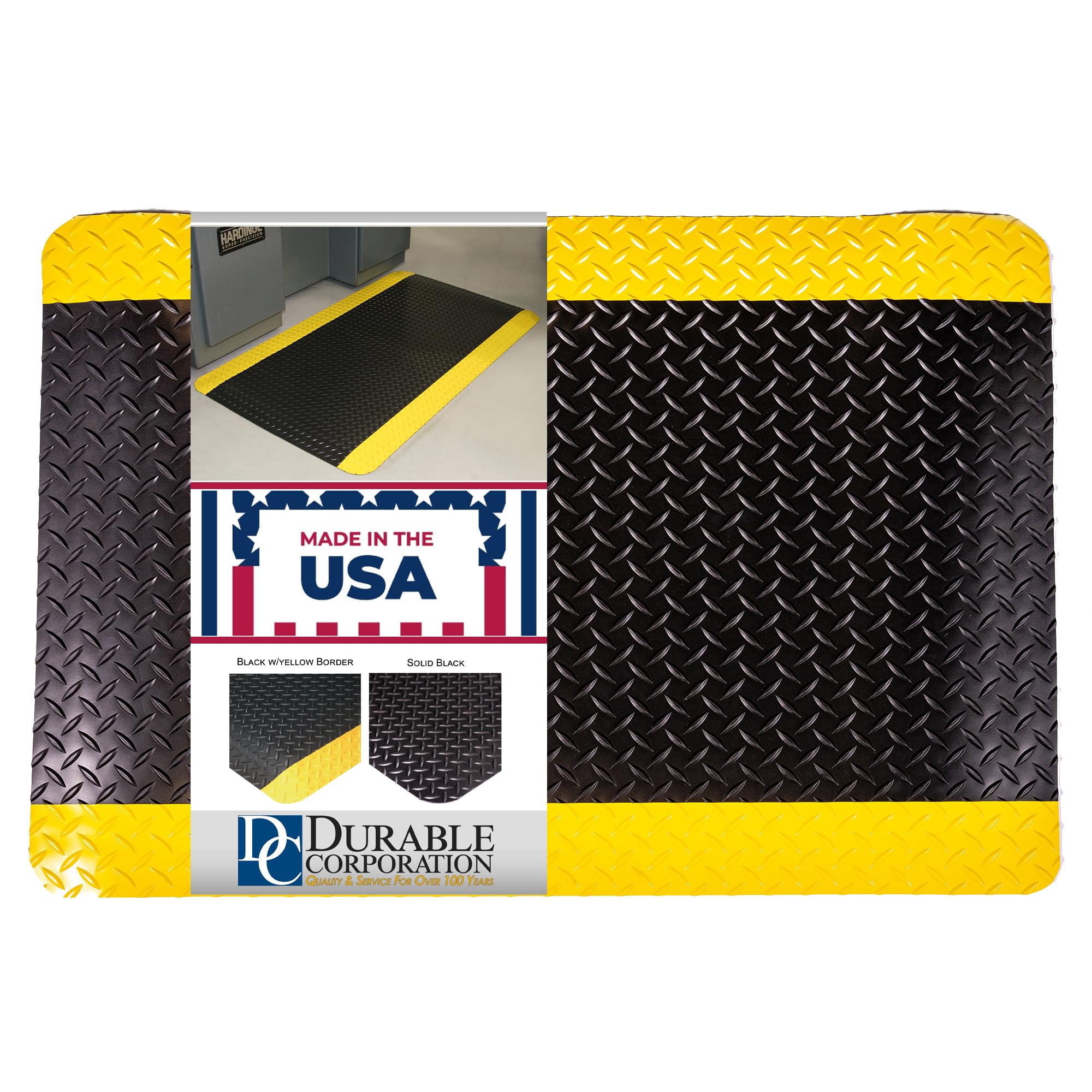 Industrial Floor Mat, Vinyl Heavy Duty Diamond-DEK Sponge Commercial Anti Fatigue Mats for Kitchen Floor, Garage Floor, Home, 3' x 5', Durable, Easy to Clean, Black with Yellow Border for Safety