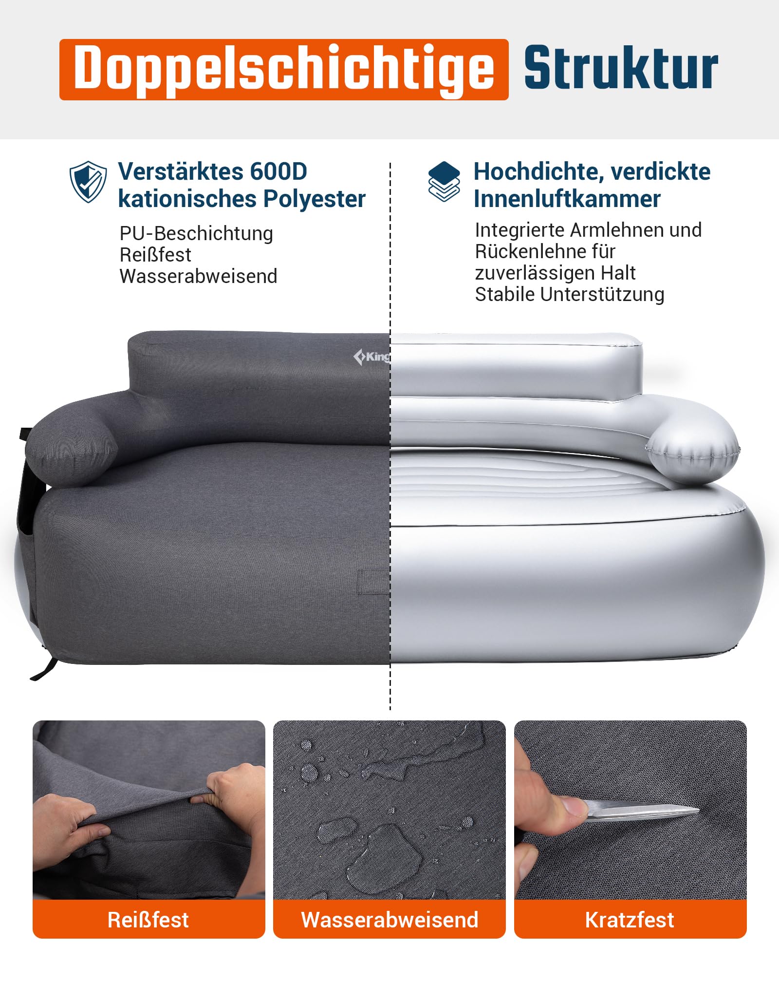 KingCamp Aufblasbares Sofa Camping mit Elektropumpe, 400 kg Belastbar Luftsofa Outdoor, Tragbarer Doppel Camping Couch Aufblasbar, Wasserdichtes Luft Sofa für 2 Personen, Reisen Strand Garten, Grau