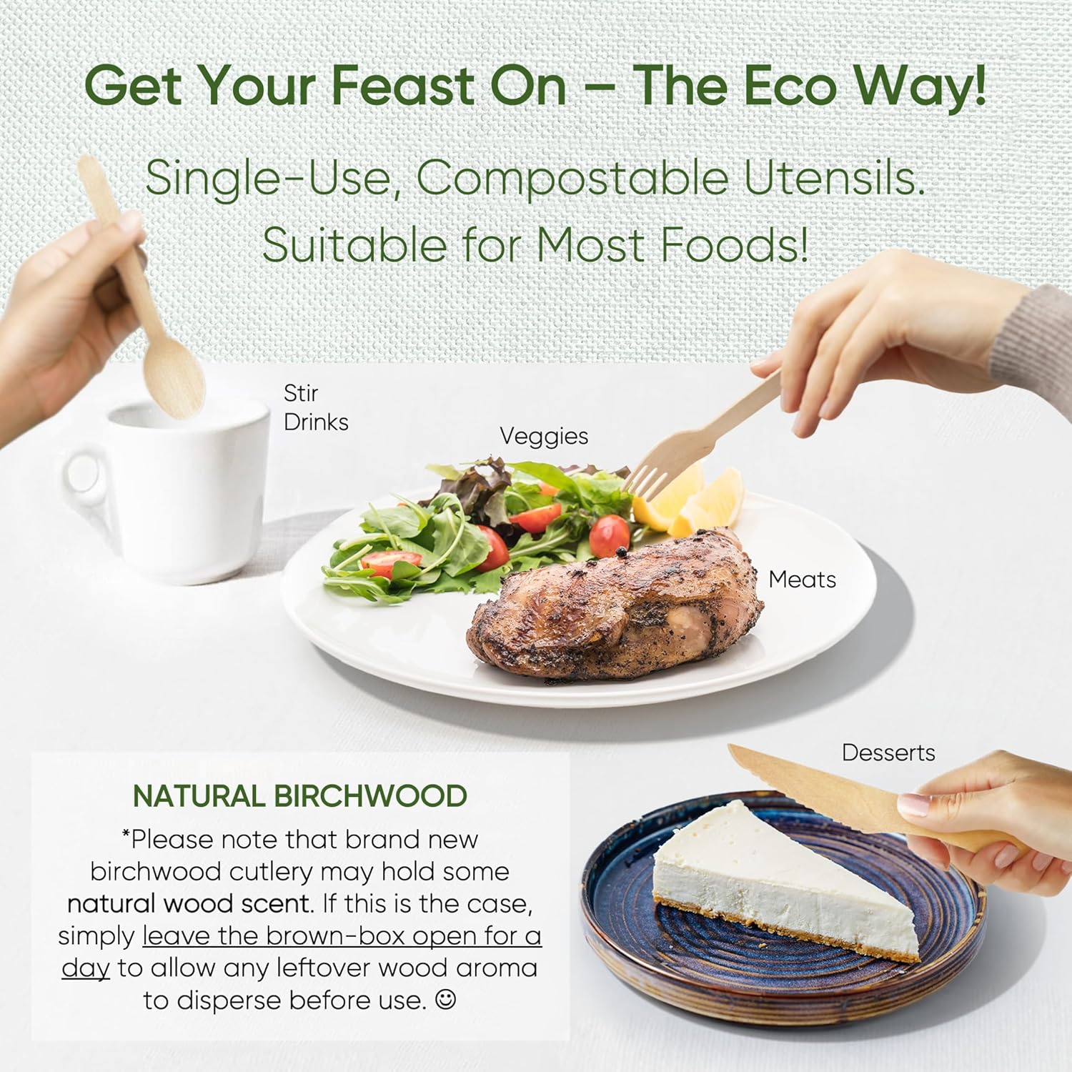 EcoPreps 100% Compostable Wooden Cutlery Set (360 PCS - 150 Forks, 125 Spoons, 85 Knives) Eco-Friendly, Natural, Biodegradable Disposable Utensils Set | Birch Wood Disposable Forks, Knives, and Spoons