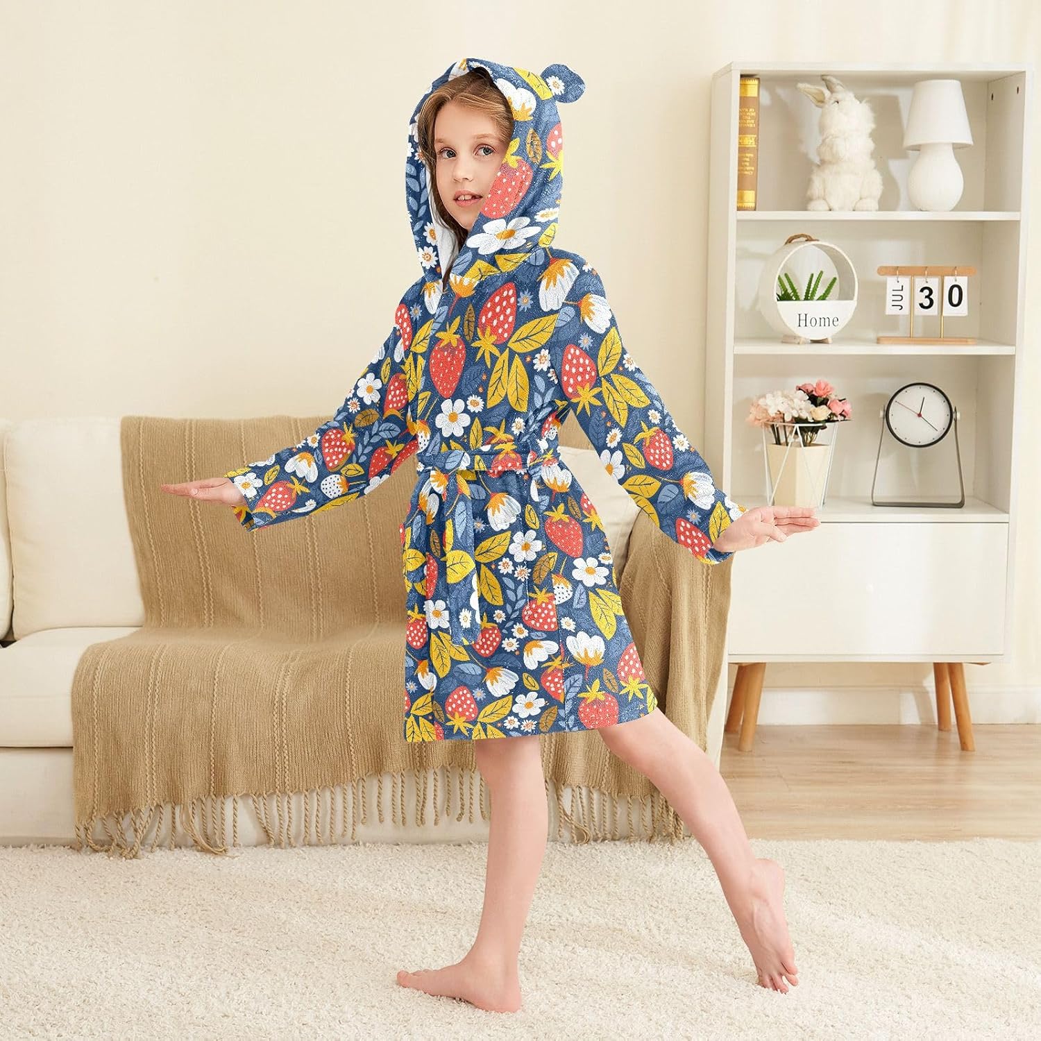 senya Tropical Strawberry Toddler Hooded Bathrobe Kids Soft Plush Bath Towel Robes for Boys Girls 2-12 Years