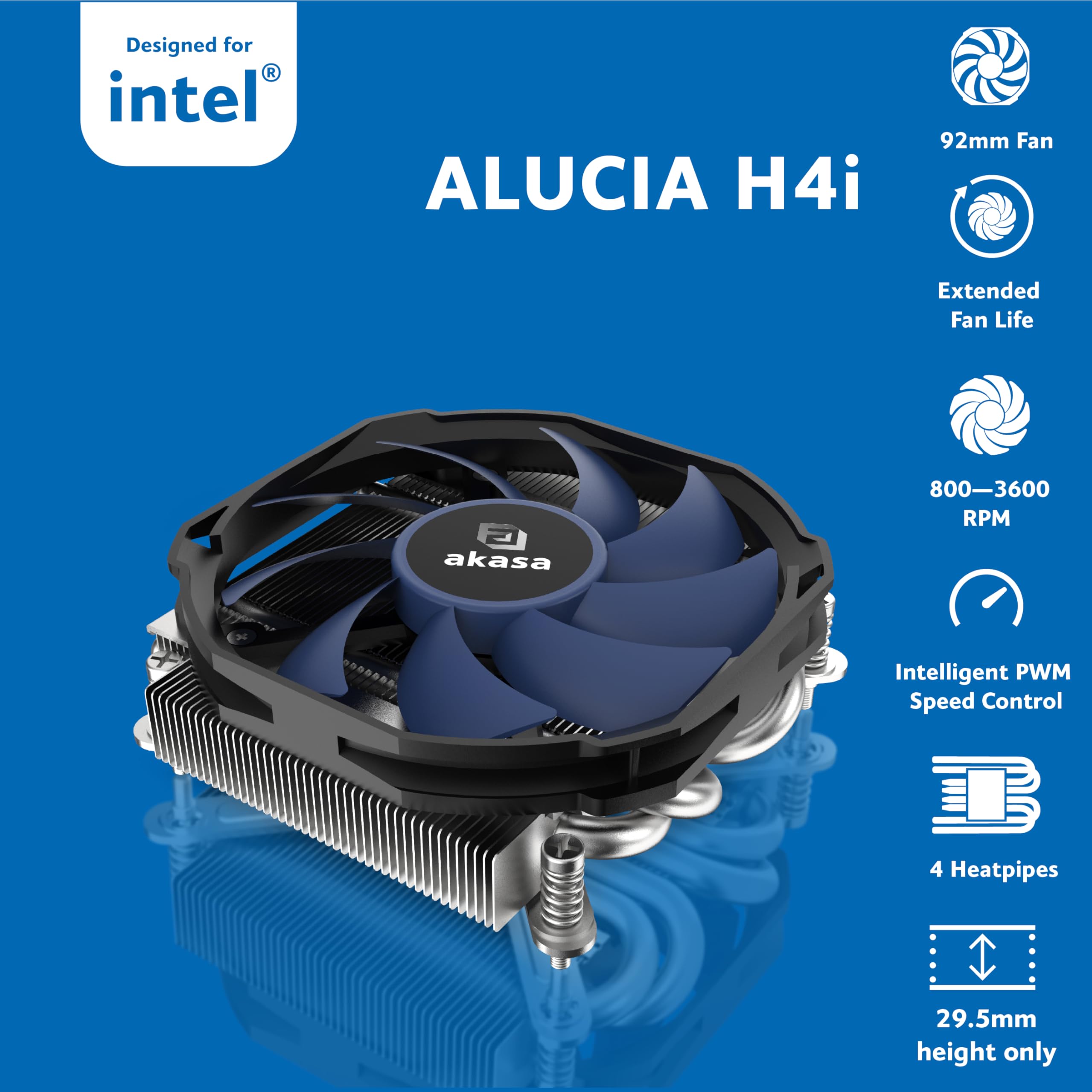 Akasa Alucia H4i, Intel LGA11851/700/1200/115X Compatible, 4-Copper Heatpipes with Ball Bearing CPU Cooler, 92mm Fan, Maximum 3600 RPM Speed, Low-Noise Cooling Fan, AK-CC7501BP01