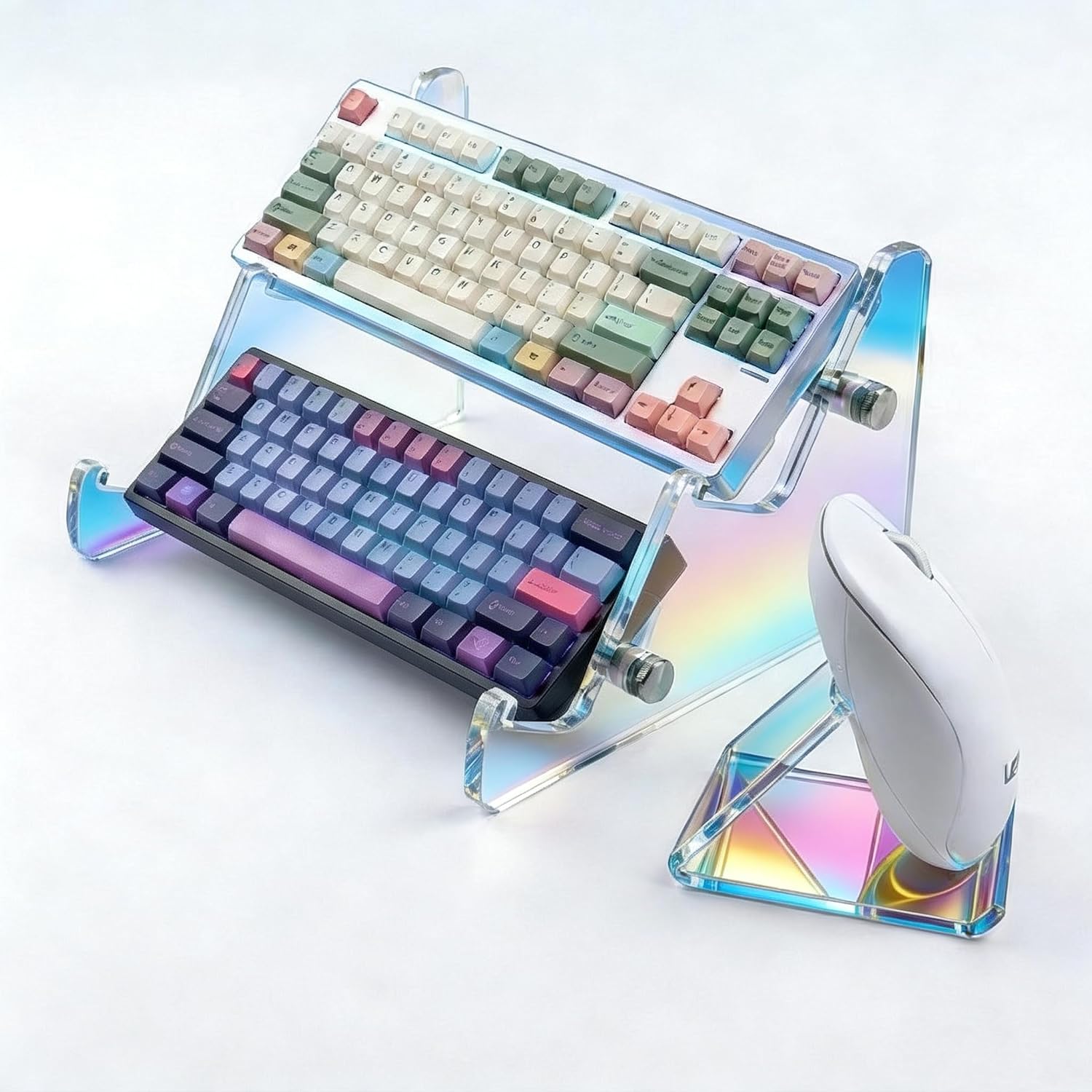 2-Tier Iridescent Acrylic Keyboard Display Stand with Mouse Holder, Thickened Mechanical Keyboard Holder for Desk Organization & Gaming Room, Fits 60%-87% Keys, Controller, Tablet