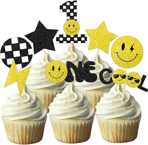 24 piezas de decoración para cupcakes de primer cumpleaños de One Happy Dude - Groovy One Cool Dude