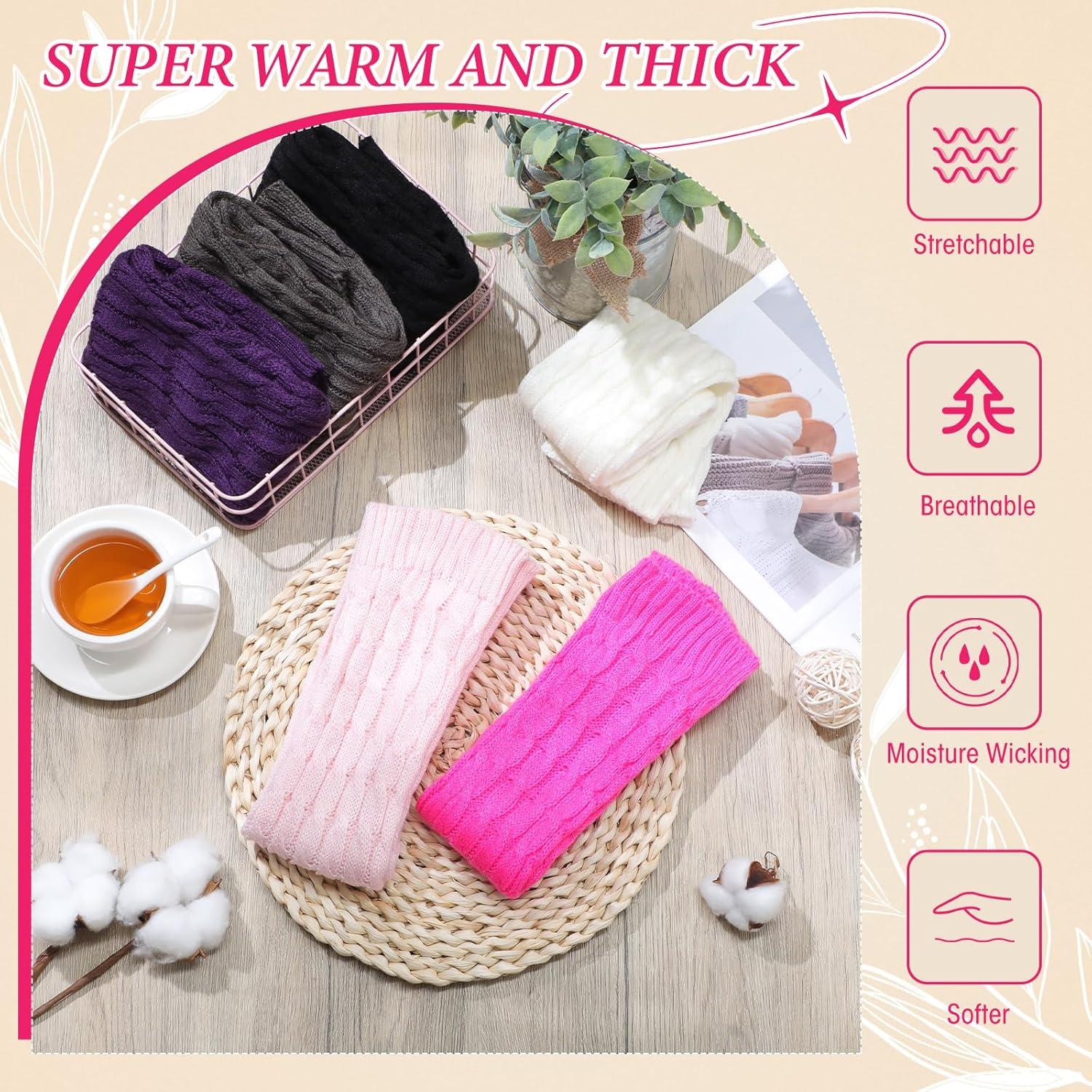 SATINIOR 6 Pairs Leg Warmers for Women Warm Winter Long Boot Socks Knit Thermal Sleeve Cable Socks for Party(Elegant Color,Fresh) - Image 2