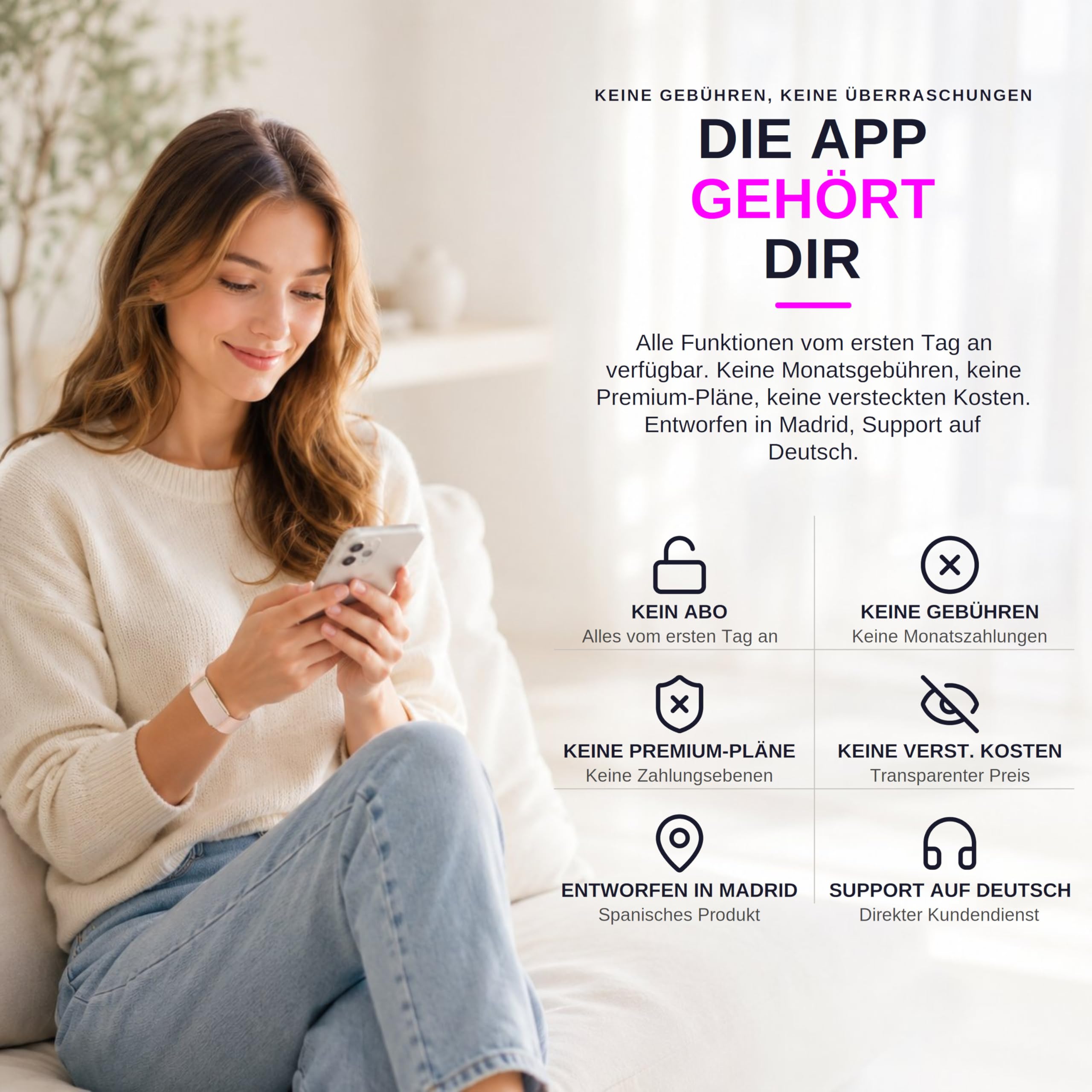 Sense Smartband ohne Display Damen Herren, Entwickelt in Spanien, KI-Coach, Schlaf Energie Erholung, Herzfrequenz 24/7 HRV SPO₂, IP68, Akku +45 Tage, Ohne ABO, Rosa