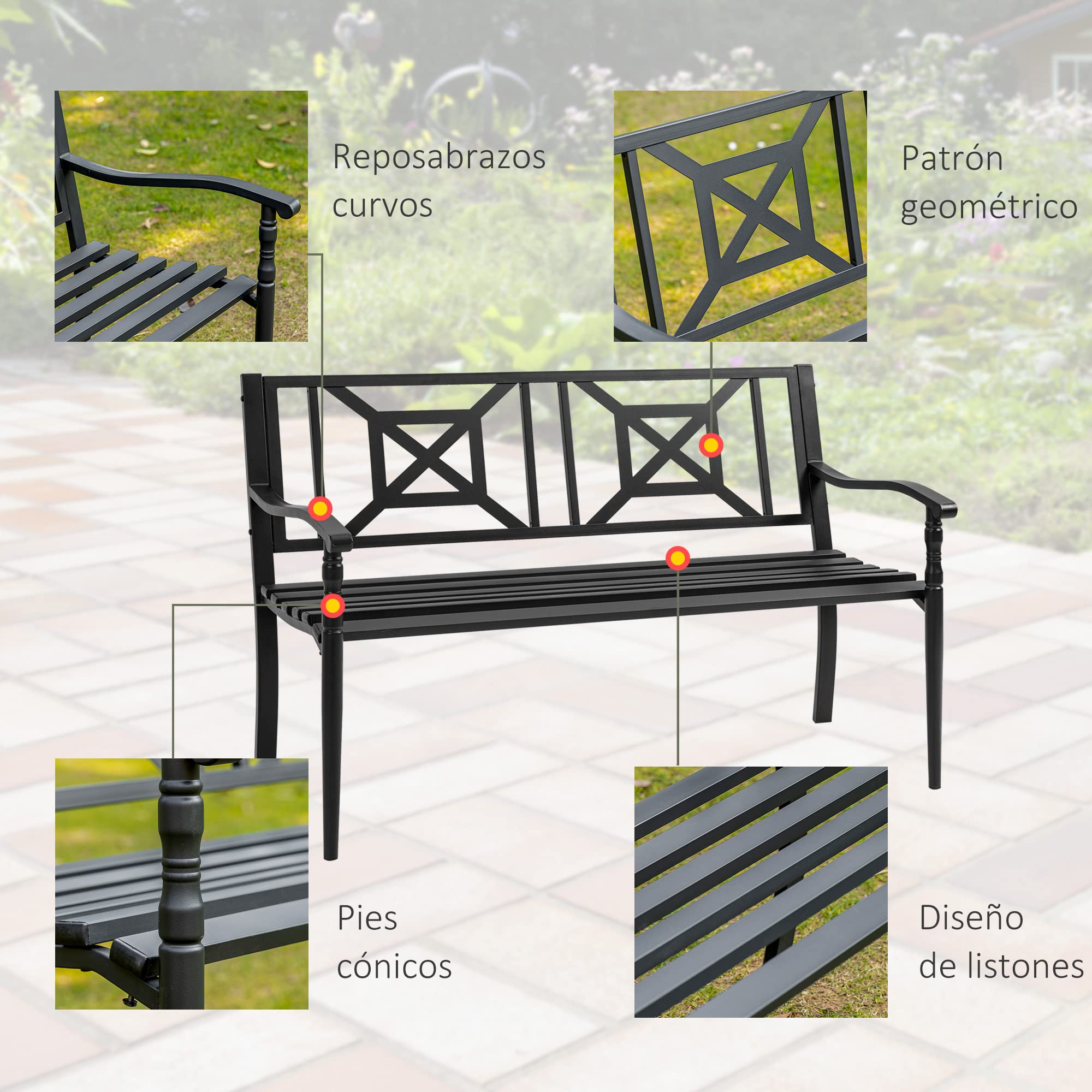 Outsunny Banco de Jardín de 2 Plazas Banco Exterior de Acero con Reposabrazos y Respaldo Decorativo para Terraza Balcón Patio Carga 240 kg 128x62,5x81,5 cm Negro