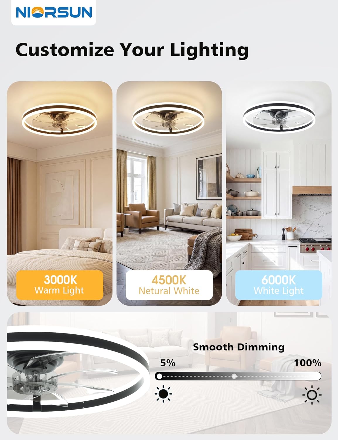 RGB Ceiling Fan with Light and Remote,24 Fandelier Smart Ceiling Fan,Black | Low Profile Ceiling Fan with Light, Dimmable Flush Mount Ceiling Fan, Modern Bladeless Ceiling Fan, 6 Speeds Ceiling Fan RGB
