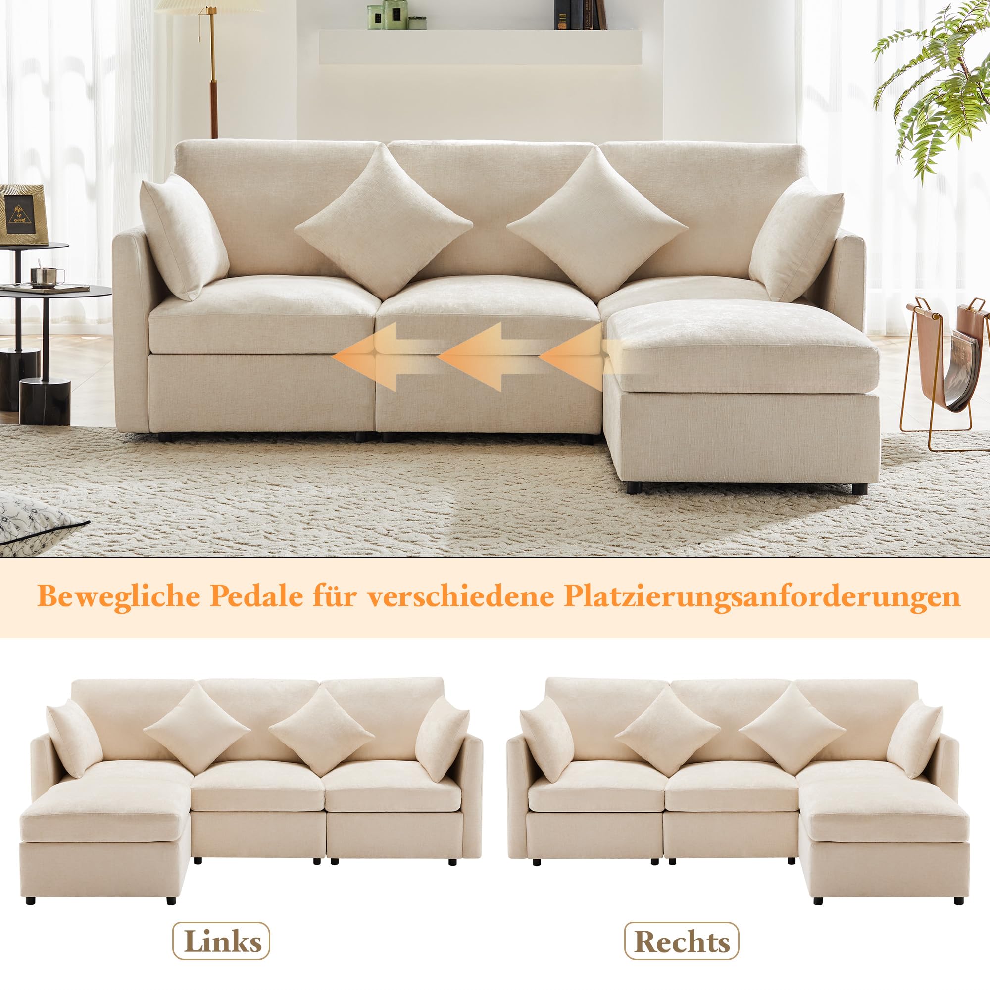 Divano moderno,divano componibile in tessuto cinigliato,sofa letto 3 posti,a quattro posti,divano angolare a L con poggiapiedi,divani,divani con penisola,216x161x81cm (Beige)