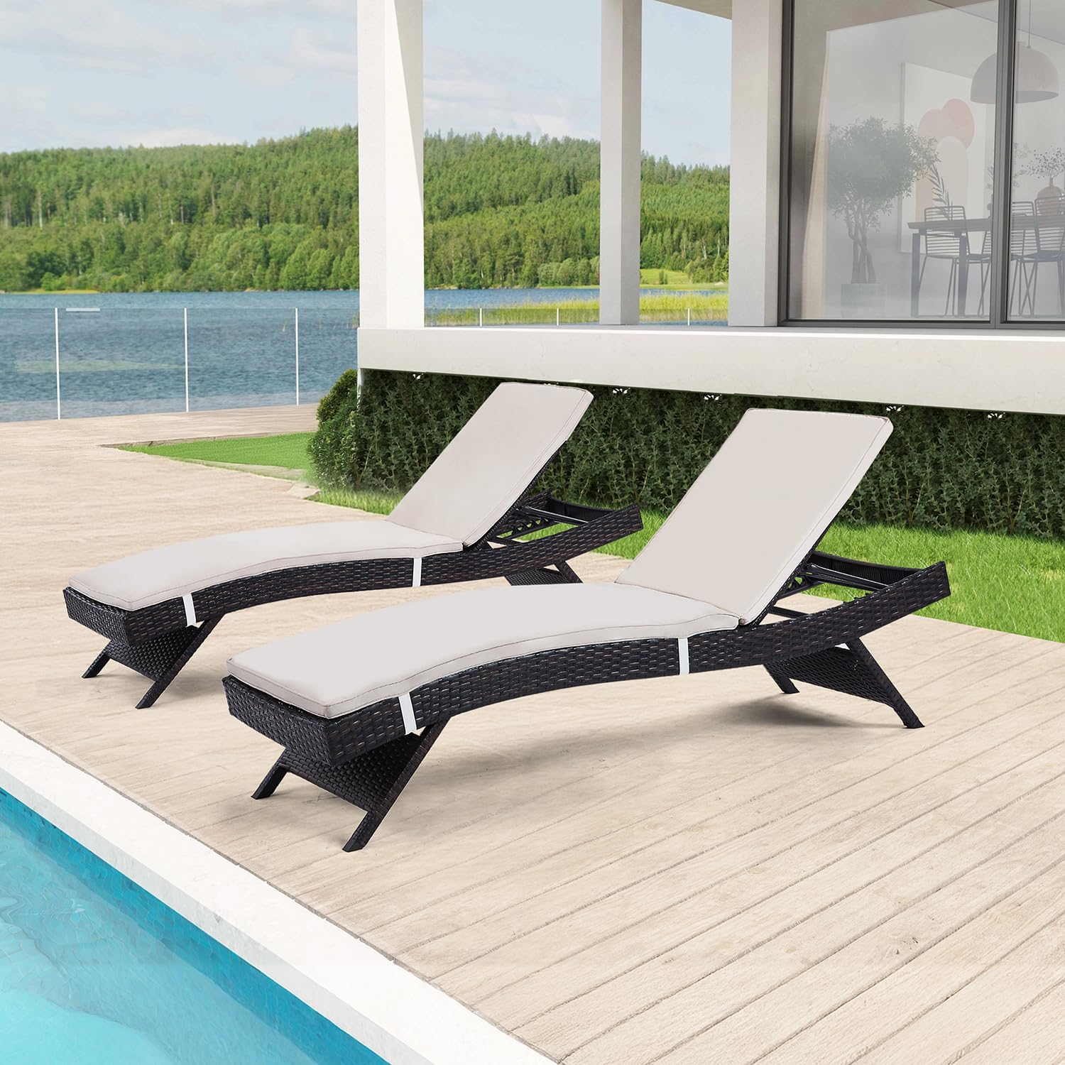 Patio Chaise Lounge Set of 2 Pieces with Adjustable Backrest and Removable Cushion, Outdoor Pool Chairs for Patio Poolside Backyard Porch