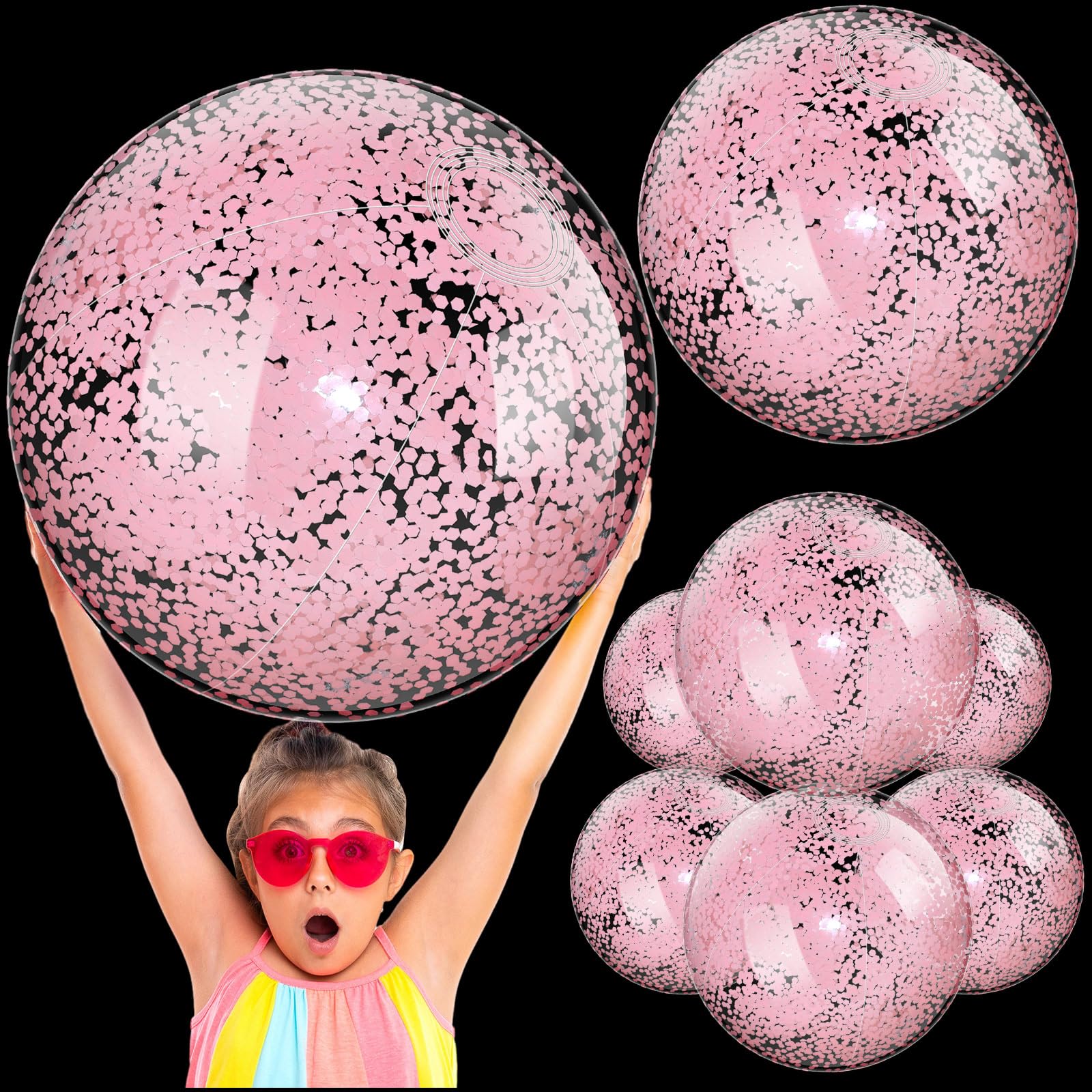 Civaner 6 Pcs Inflatable Glitter Beach Balls 24 Inch Large Sparkly Confetti Pool Balls for Holiday Party Decorations Clear Floatable Blow up for Wedding Birthday Summer Party Favor(Pink,Sequins)