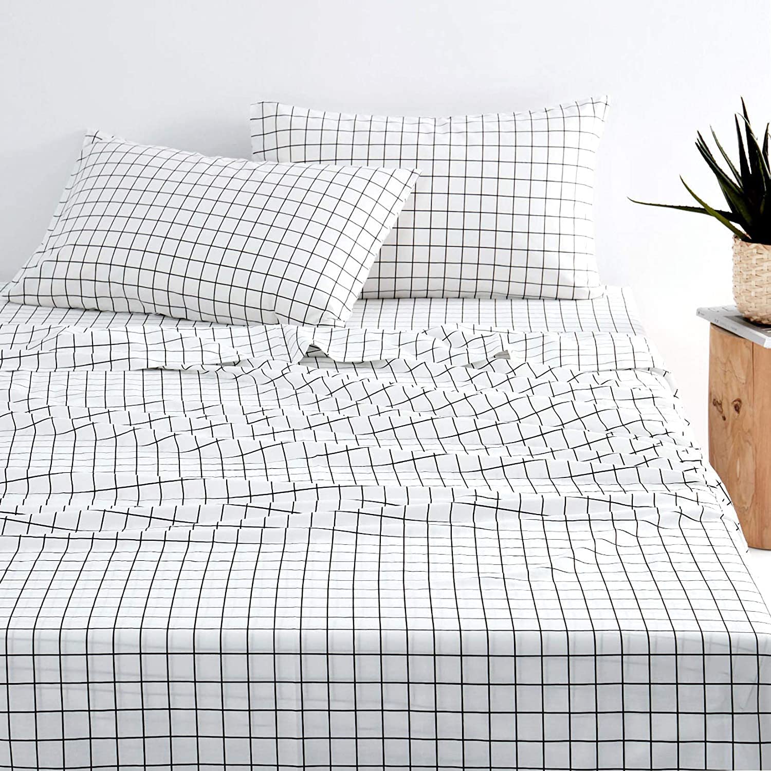 Lanqinglv Prześcieradło z gumką 180 x 200 cm do 25-30 cm wysokości materaca prześcieradło czarne białe w kratkę, wzór karo mikrofibra dżersej łóżko kontynentalne prześcieradło z gumką