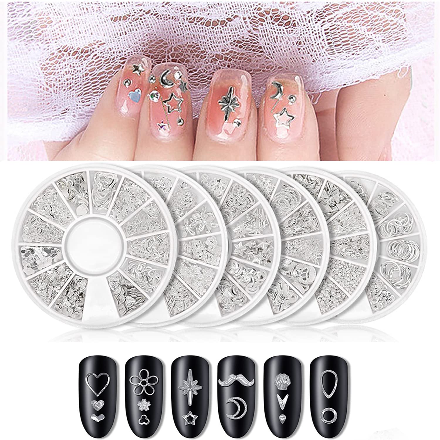 3D Nail Charms CXUEMH 6 Boxes 72 Grids Nail Rivets Set Metallic Nail Art Stickers Nail Jewelry Decorations Multiple Shapes Silver Star Metal Nail Studs Decals DIY Nail Accessories (silver)