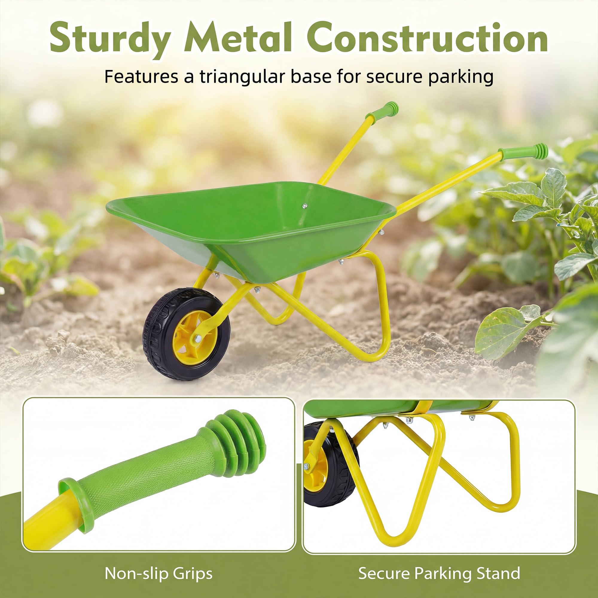 KOMFOTTEU Carretilla para Niños, Carrito de Playa Infantil con Rueda Todoterreno, Asa Antideslizante y Estructura Metálica, Carretilla de Juguete Exterior para Jardinería, Niños 3+ Años