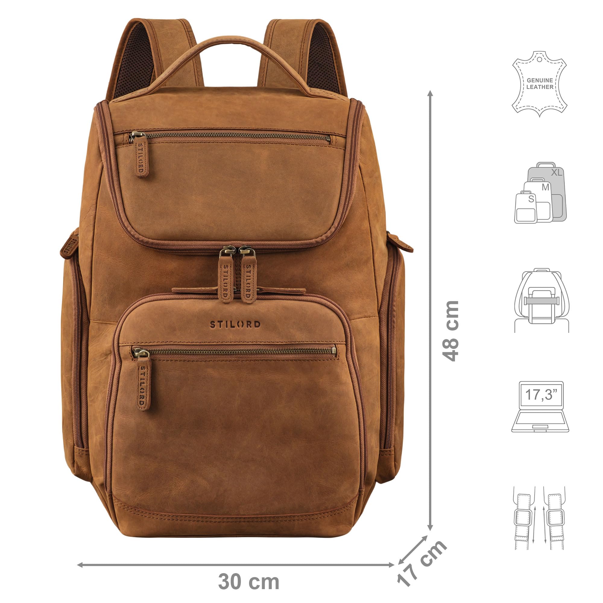 STILORD 'Reggie' XL Mochila Hombres Portatil 15-17 Pulgadas Cuero Hombre Macuto Transpirable Grande Bolso Bandolera Piel Vintage para Maleta y Viaje