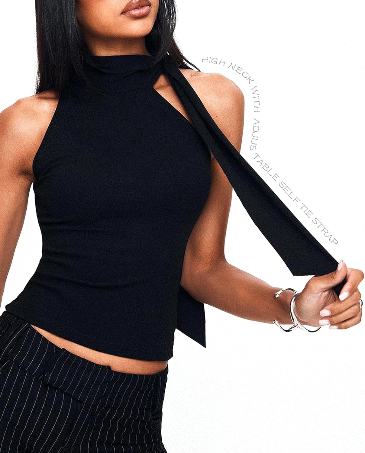 OZICERD Off Shoulder Halter Mock Neck Going Out Tops for Women Cute Club Rave Top Bow Tie Sleeveless Crop Tank Top with Scarf - Image 6