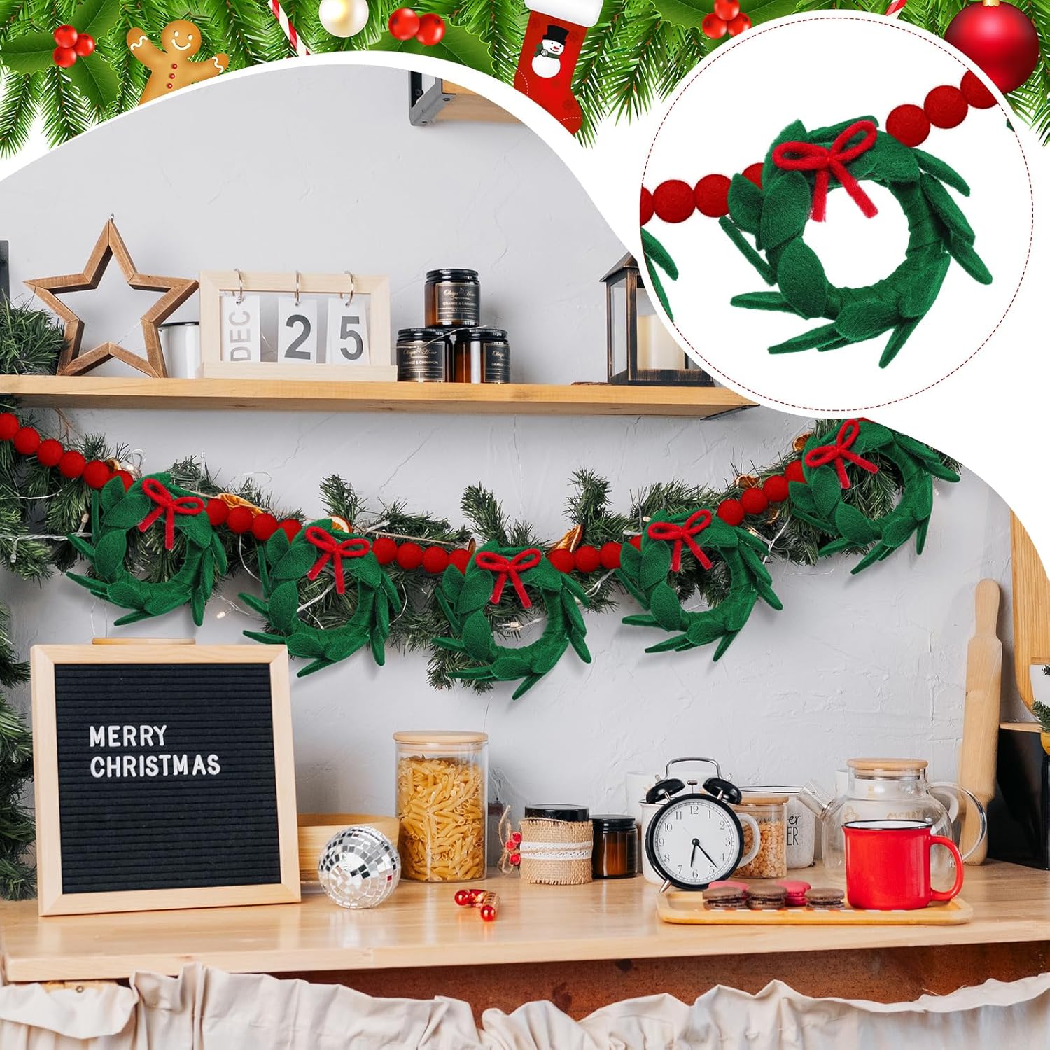 Peryiter 6.6 ft Wool Felt Christmas Garland with Wool Green Wreath Red Pompom Ball Garland Red Green Xmas Hanging Felt Banner for Christmas Holiday Fireplace Mantel Door Table Furnace Home Decoration
